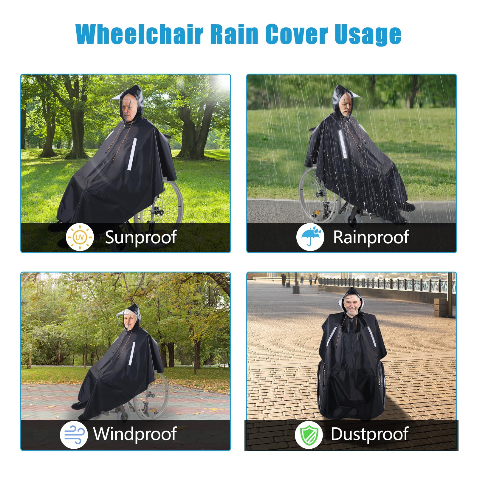 Funda Poncho Lluvia para Silla de Ruedas con Capucha Semitransparente, Chubasquero Silla de Ruedas con cremallera impermeable y tiras reflectantes, Wheelchair Raincoat para andador movilidad y scooter