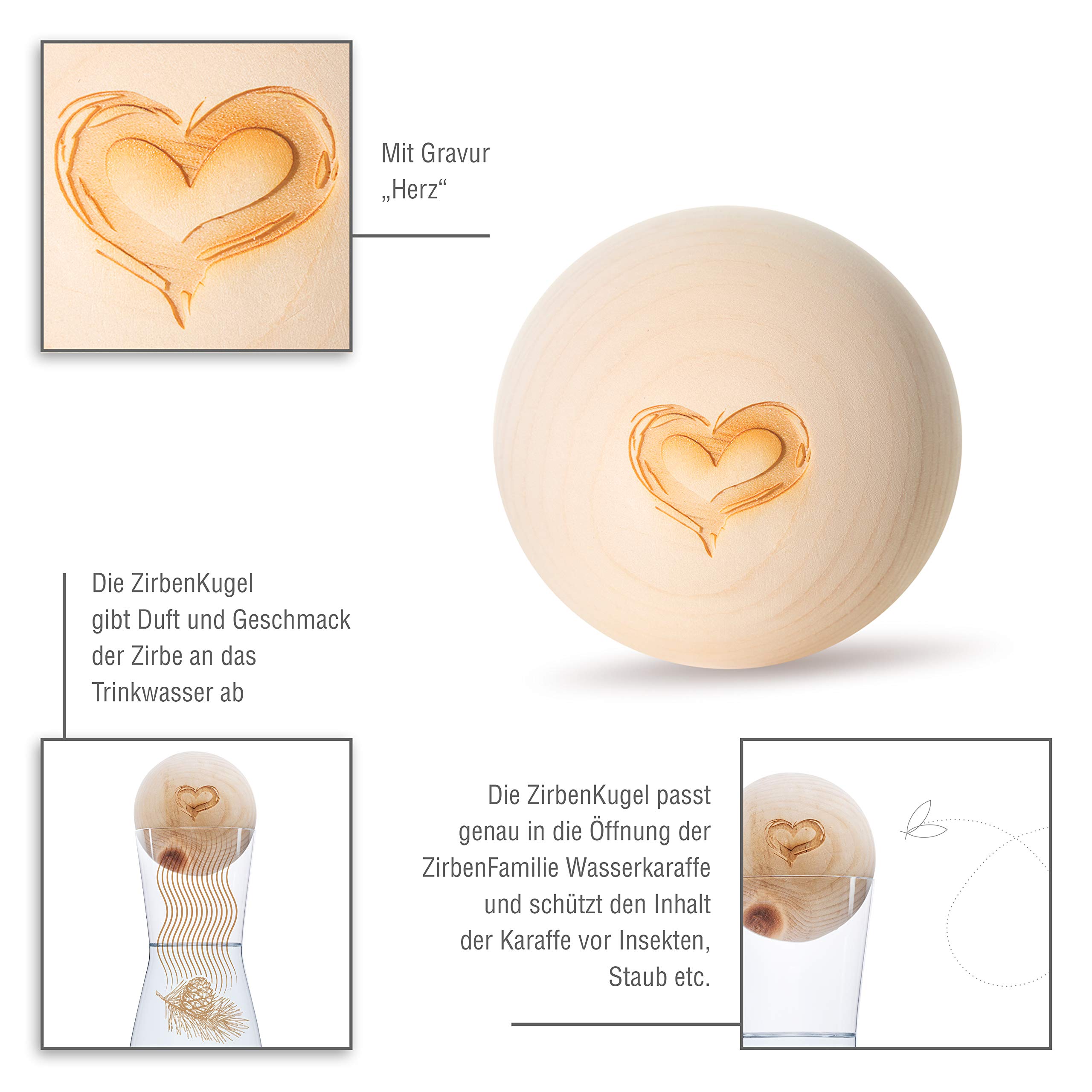 Zirben Familie El juego original de bolas de pino cembro incluye jarra de agua | confiere al agua un toque especial | jarra de 1 litro de cristal con tapa de madera de pino | edición de corazón