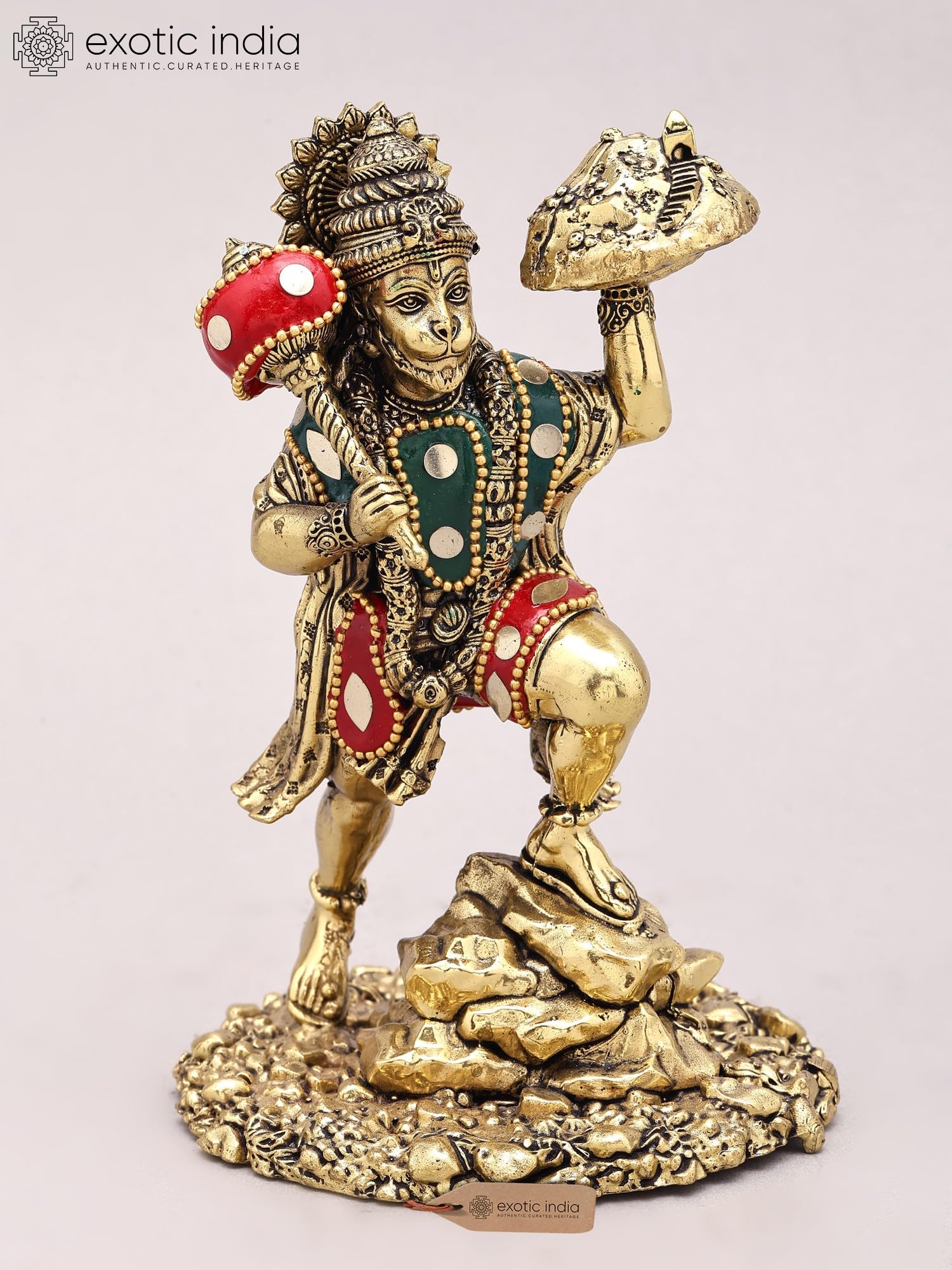 Exotic India Lord Hanuman z mosiężną statuetką Sanjivani z inkrustacją, hinduski bóg idol do pokoju Pooja i wystroju domu
