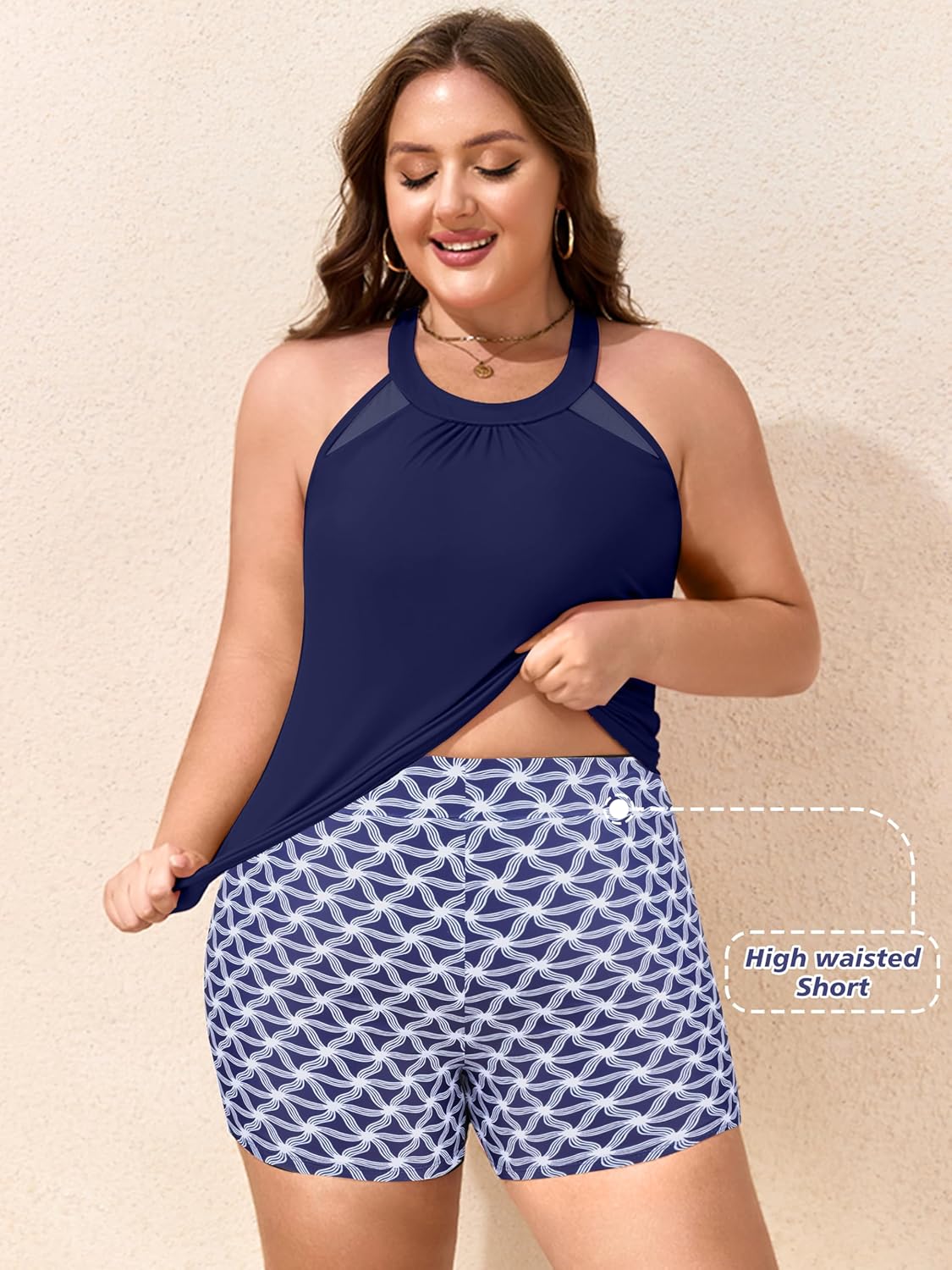 Women Plus Size Tankini Swimsuits with Shorts Tummy Control Two Piece Blouson Bathing Suits High Neck Swimwear