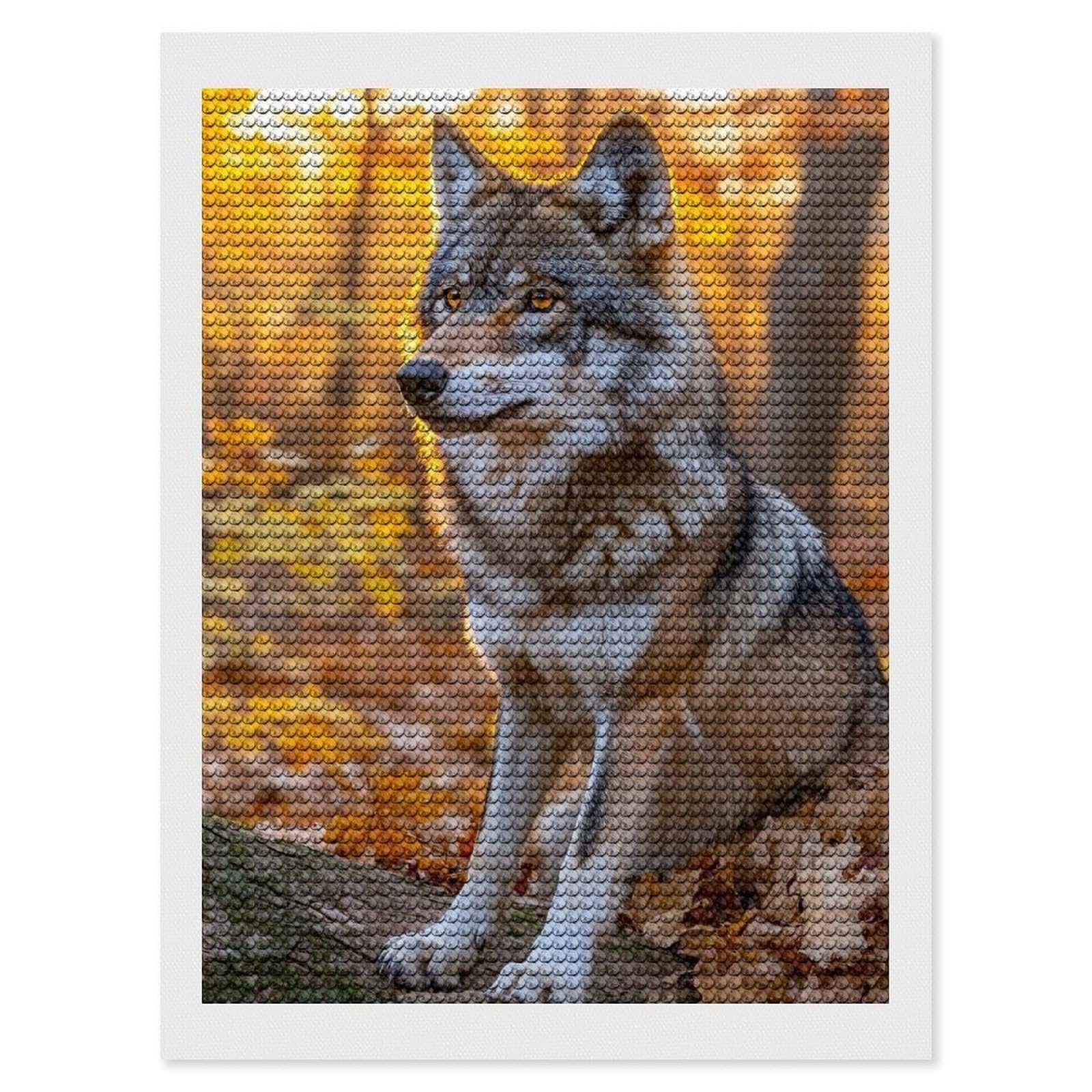 Junmoney Wolf in Autumn Forest Diamond Painting Canvas Set 12"x16", for Beginners, Complete Accessories, Christmas Gift, Modern Decor