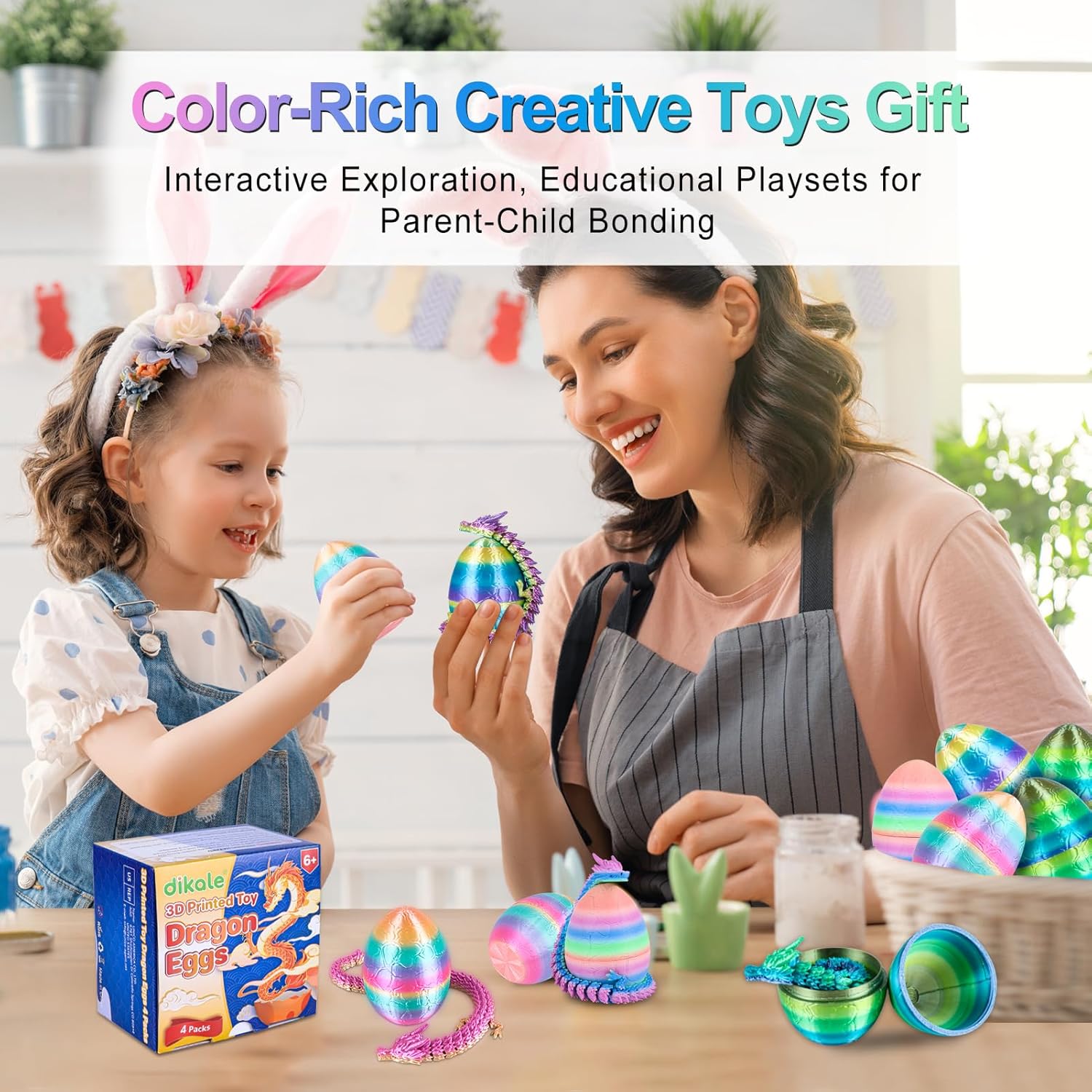 3D Printed Dragon Eggs with Articulated Dragon Inside, 4 Packs Fidget Toys for Kids & Adults, Easter Christmas Stocking Stuffers, Tabletop Decoration, Gradient Colorful Set