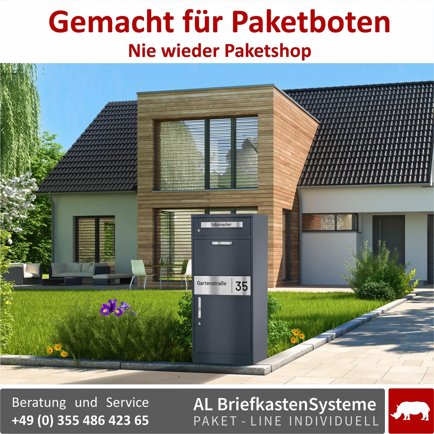 AL Paket-Line - Briefkasten mit Paketfach groß XXL wetterfest mit Namensgravur Paketbriefkasten freistehend drinnen und draußen rostfrei Anthrazit RAL 7016 Paketbox modern massiv mit Rückholsperre