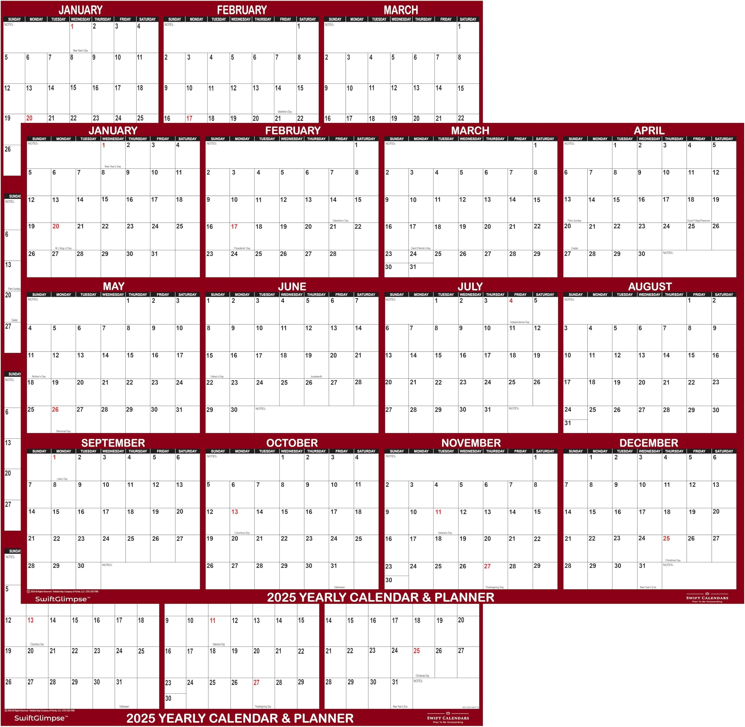 18" x 24" SwiftGlimpse 2025 Wall Calendar Erasable Large Wet & Dry Erase Laminated 12 Month Annual Yearly Wall Planner, Reversible, Horizontal/Vertical, Maroon