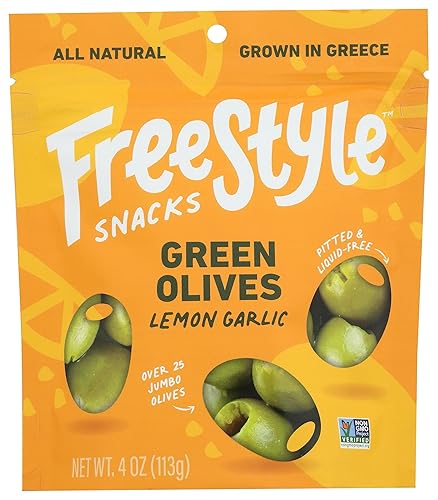 Freestyle Snacks Aceitunas verdes con ajo y limón, 4 onzas