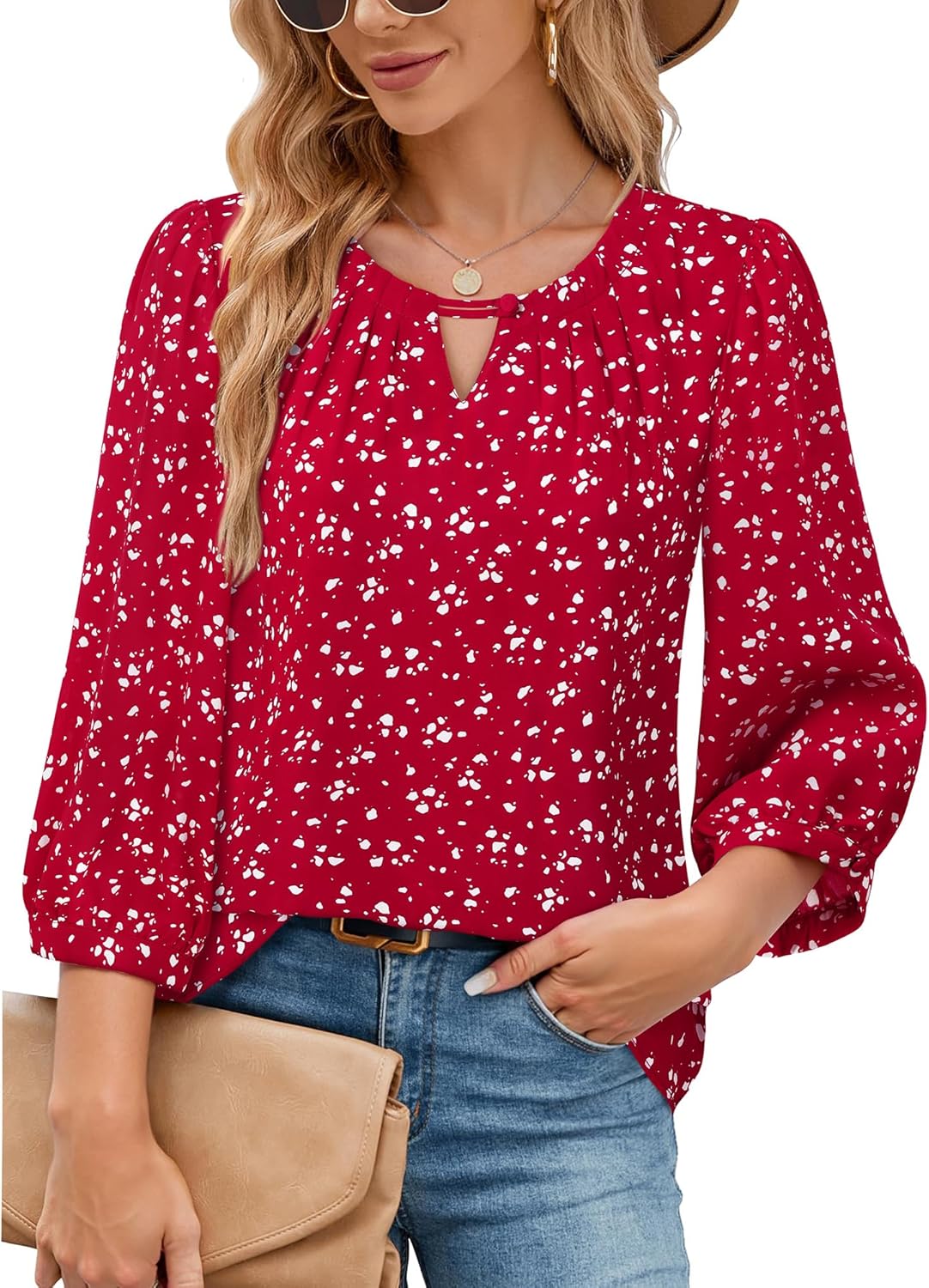 VALOLIA Women's 3/4 Sleeve Dressy Blouses Shirts Business Casual Work Chiffon Tunic Tops