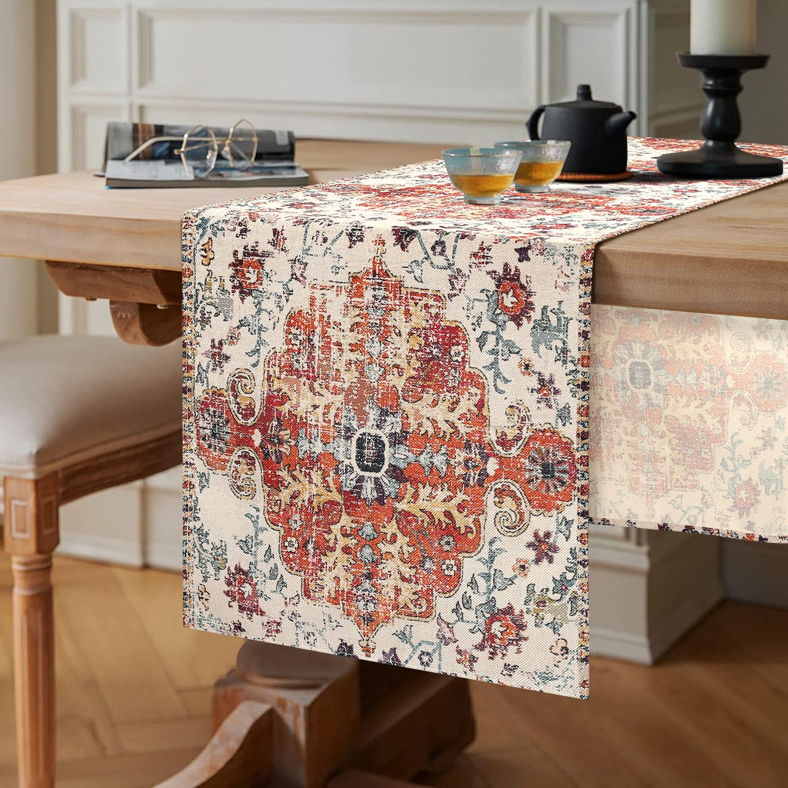 Chicamy Rose Table Runner Vintage Boho Style Table Runner, 40 X 140 Cm, Linen, Mandala Flowers, Ethnic, Washable, Rectangular, Decorative For Dining Room, Party, Holiday