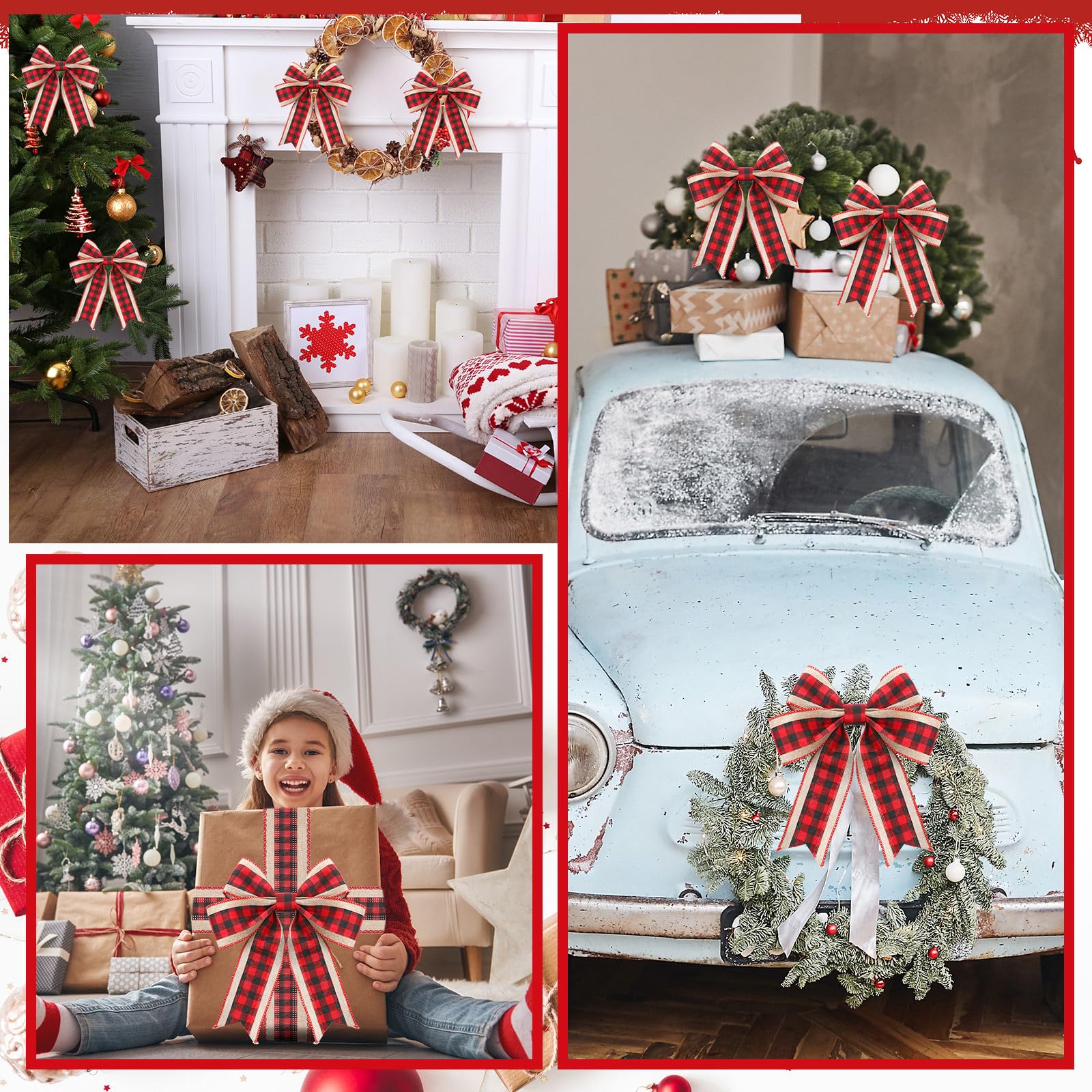 2 Rollen Weihnachts-Büffelkariertes Bänder, Jute, Drahtrand, kariertes Gingham-Stoff, Bastelband für DIY-Schleifen, Verpackungsdekoration, 6 m lang (schwarz-rot, 6 cm breit)