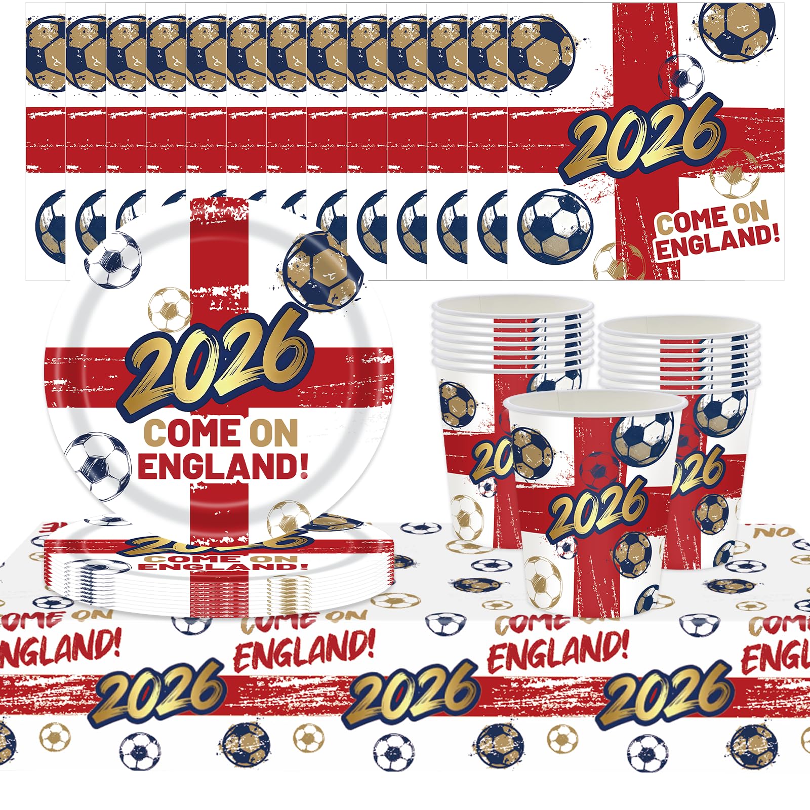 YESAH 53P Party Tableware for 2026 World Cup,Come on England Party Pack for Three Lions with Plates,Napkins,Cups,Tablecloth,Football Pattern St George Party Supplies for Match&England Fans