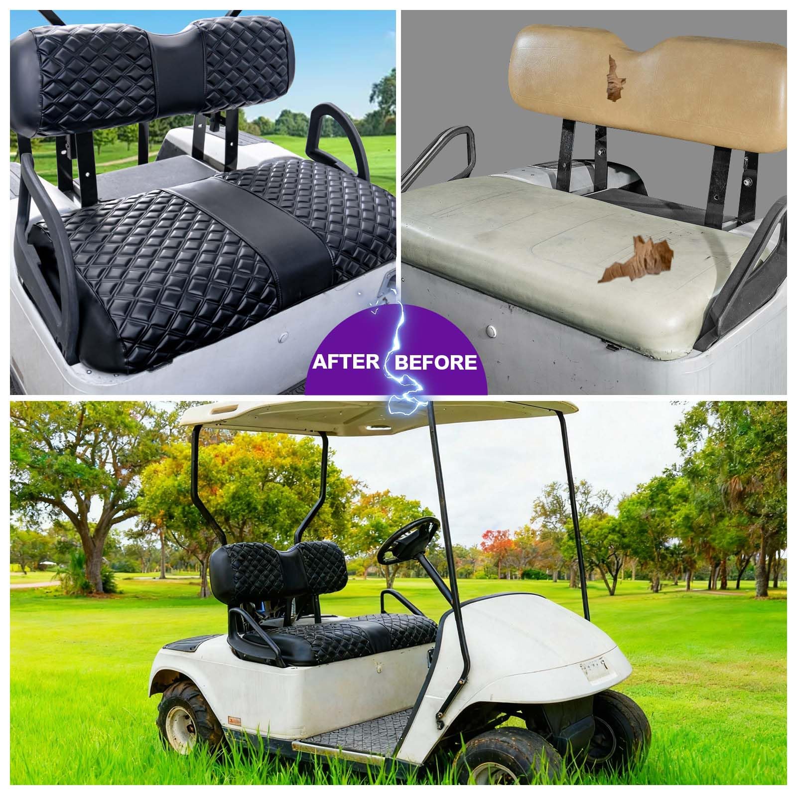 Transverse Diamond Golfwagen-Sitzbezüge-Set, passend für EZGO TXT 1994–2013/EZGO RXV, Vorder- und Rücksitzbezüge, Vinyl-Sitzbezüge, Zubehör, keine Klammern (schwarze und schwarze Nähte), 4