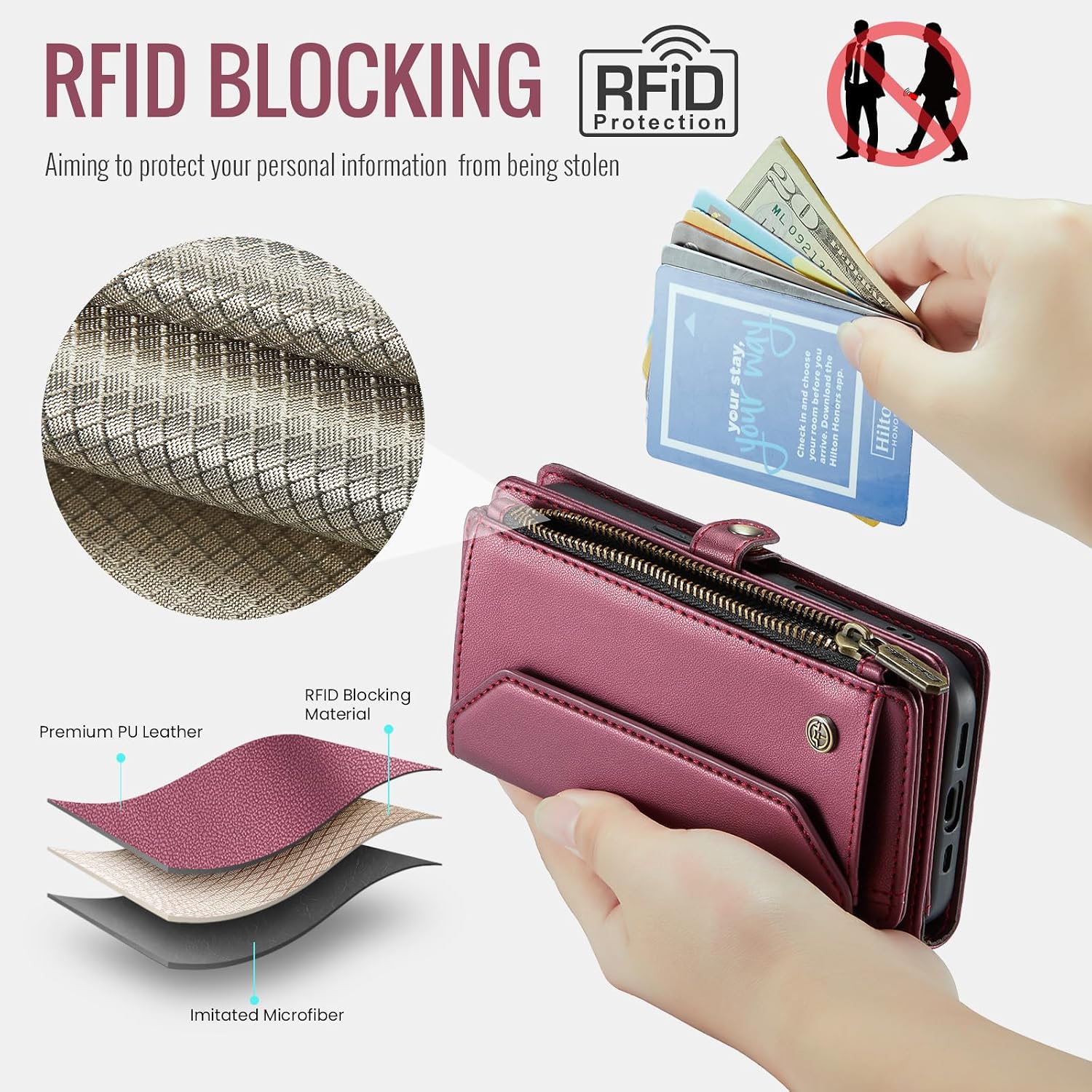 for iPhone Air Case, Women Men Multi-Function Wallet Case with Stand RFID Blocking Featuring Magnetic Closure Zipper Includes Shoulder Strap Wrist Strap (Red)