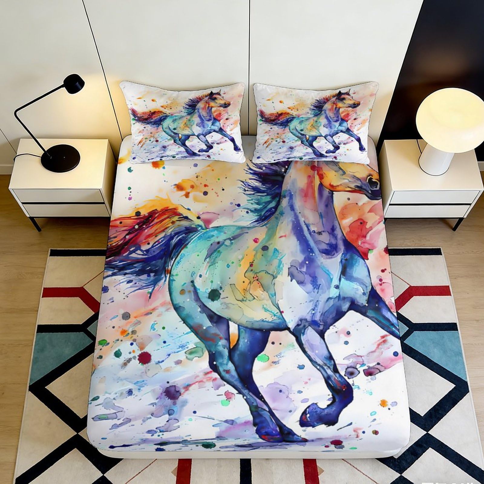 Pnayamiorkfel Style-3 3D Printed Colourful Horse Fitted Sheet Microfiber Non-Slip Artistic Bed Cover For Bedroom Dorm Mattress Protection Decor 90X200x25cm