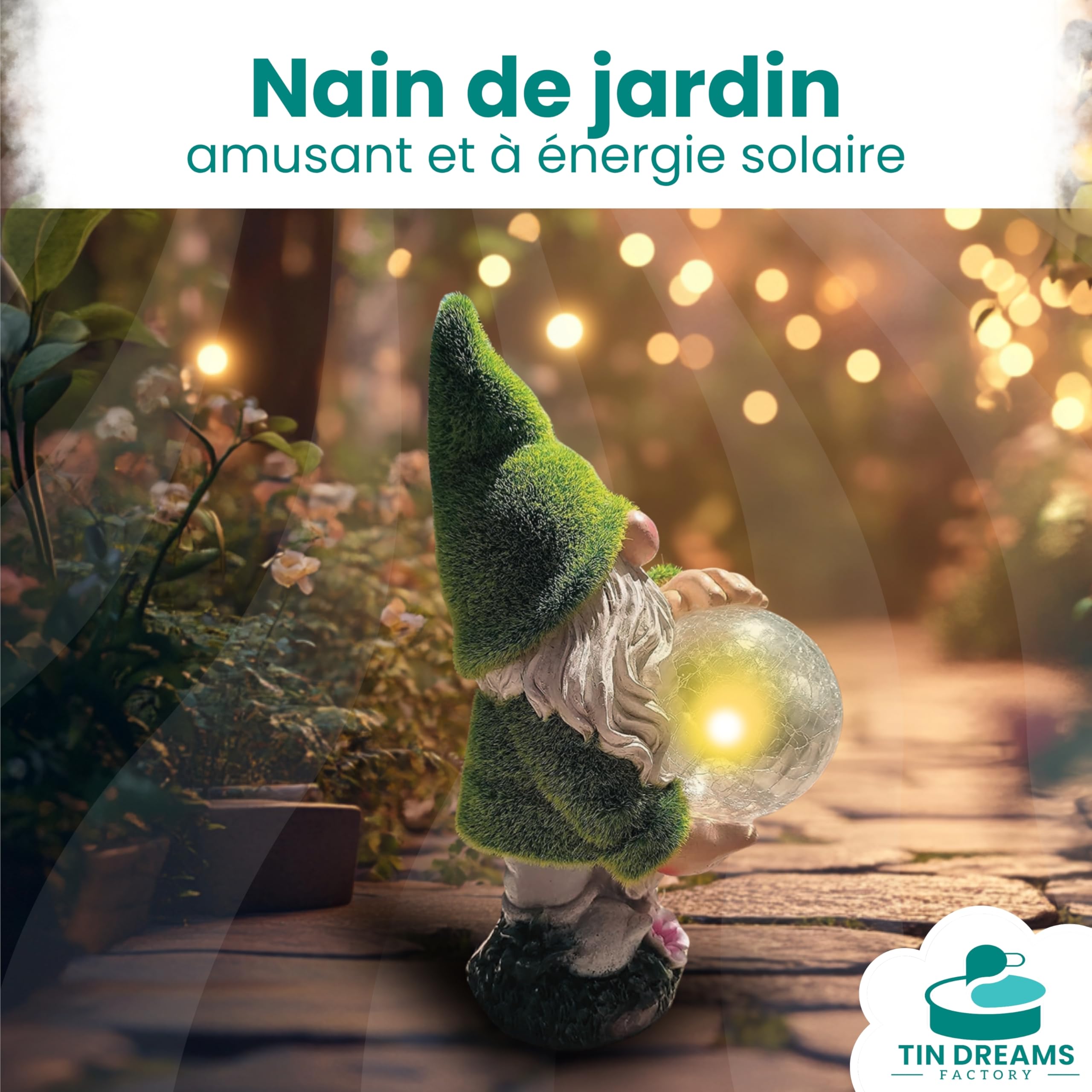 Nain Voyant avec Lumière Solaire – Figurine Décorative de Jardin en Résine – Nain avec Boule Lumineuse LED – Décoration Originale pour Jardin, Terrasse et Patio