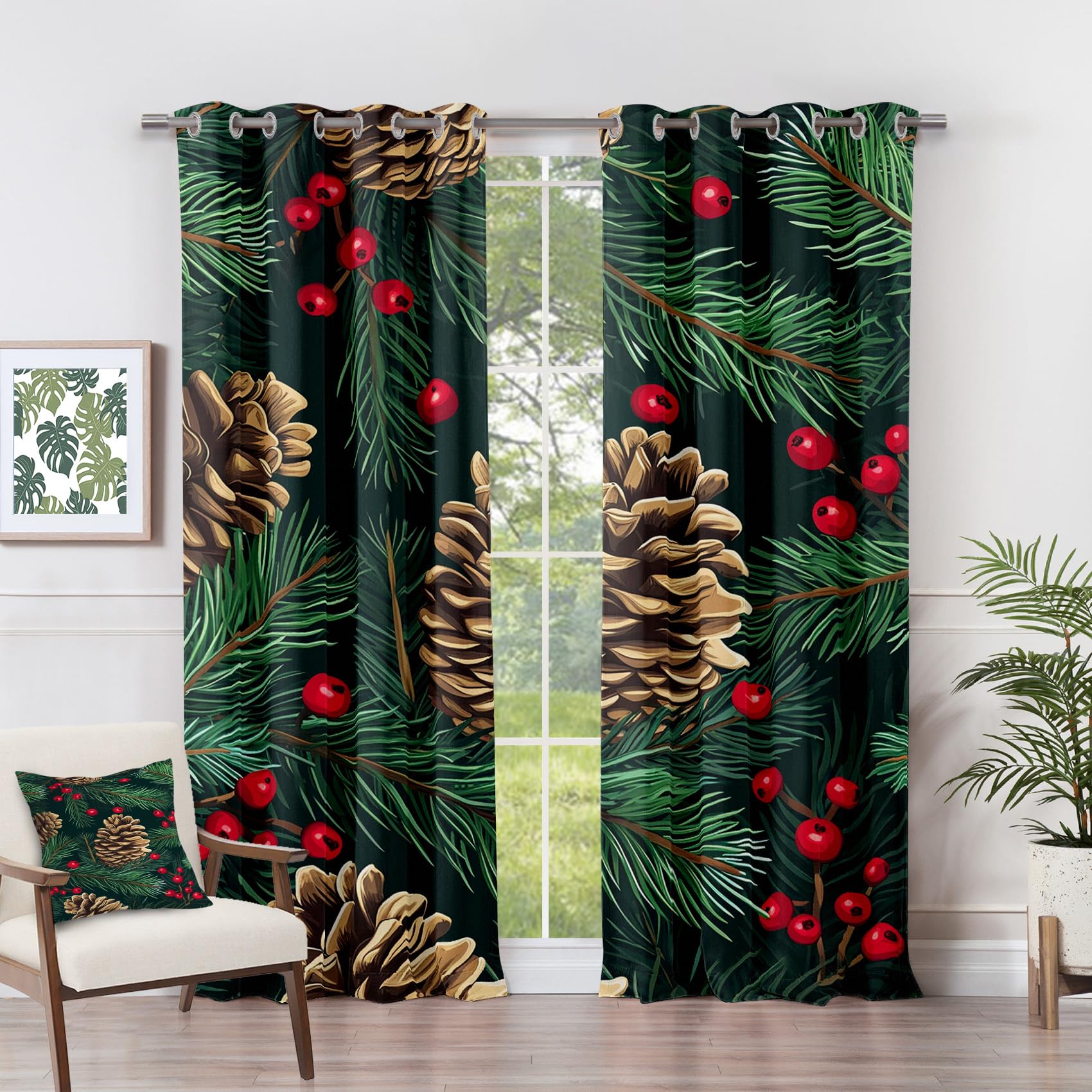 Christmas Curtains for Living Room - Christmas Curtains - Pine Cone Holly Winter Blackout Curtains 46 x 72 Inch (Width x Drop) 2 Panels, Botanical Holiday Eyelet Curtains & Drapes