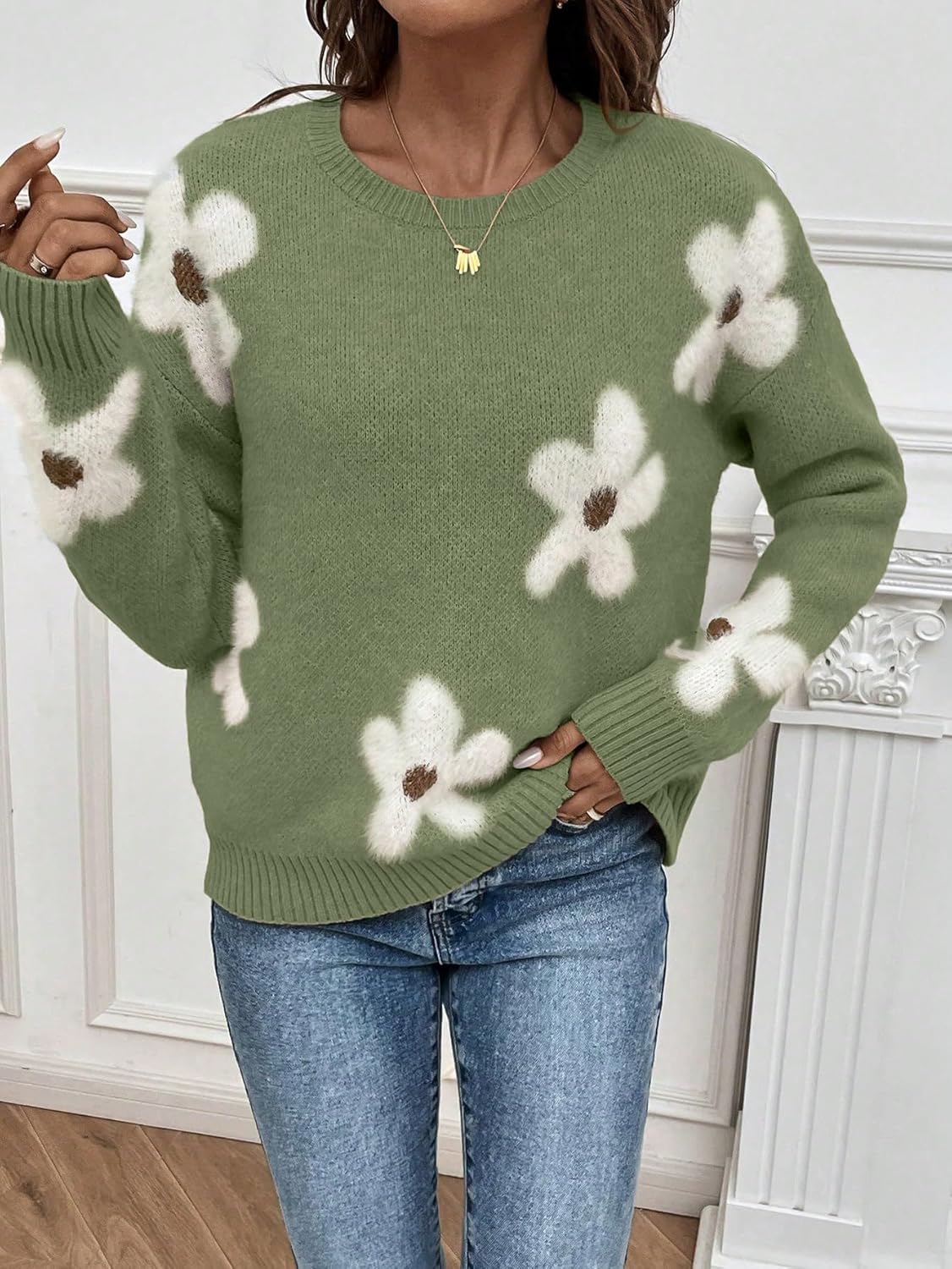 SHENHE Women's Floral Pattern Crewneck Long Sleeve Drop Shoulder Sweaters Pullover Tops - Image 4