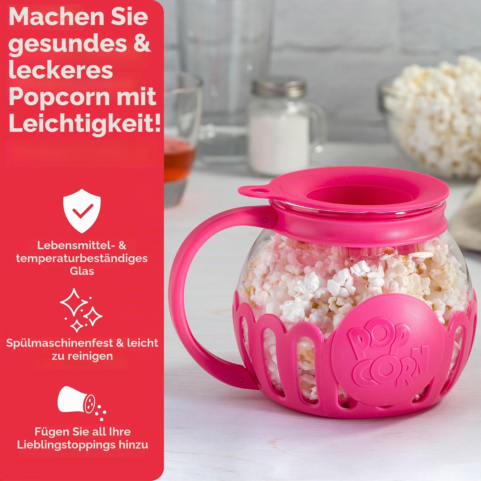 Ecolution patentierter Micro-Pop Mikrowellen-Popcorn-Popper, Borosilikatglas, hot pink