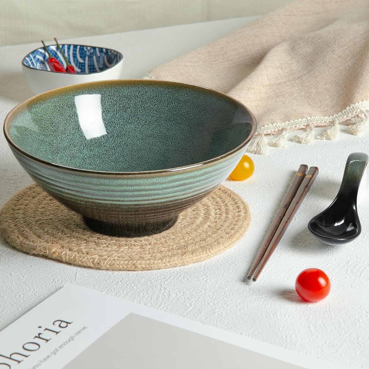 40 oz Ceramic Ramen Bowl Set of 2, Ramen Noodle Bowl with Spoons and Chopsticks 8 Inch Japanese Retro Style Large Soup, Pho, Udon Bowls, Microwave & Dishwasher Safe, Green image 4