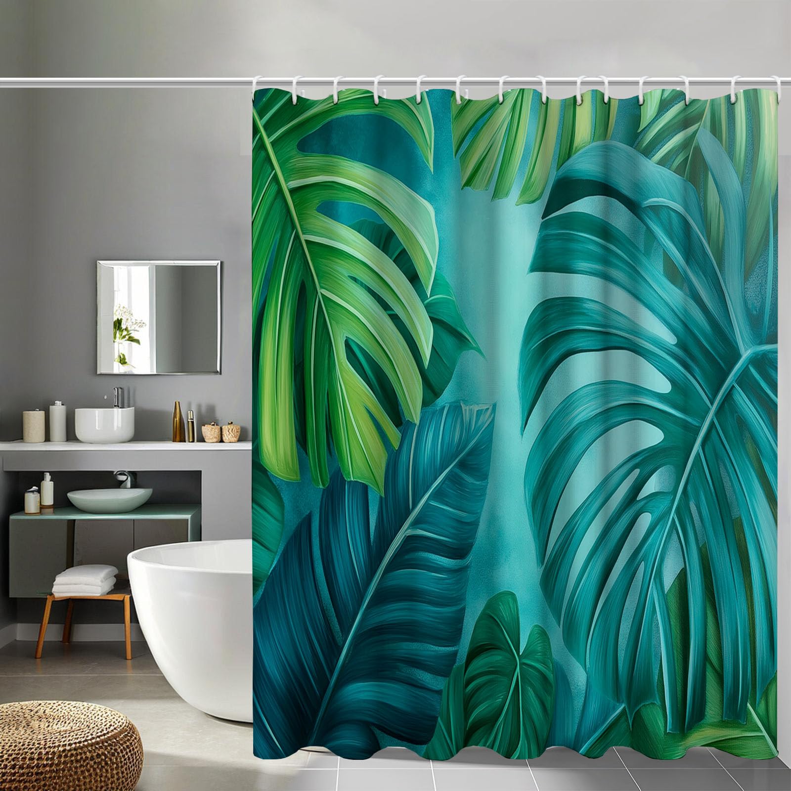 Rideau de douche imperméable lavable avec crochets anti éclaboussures monstera