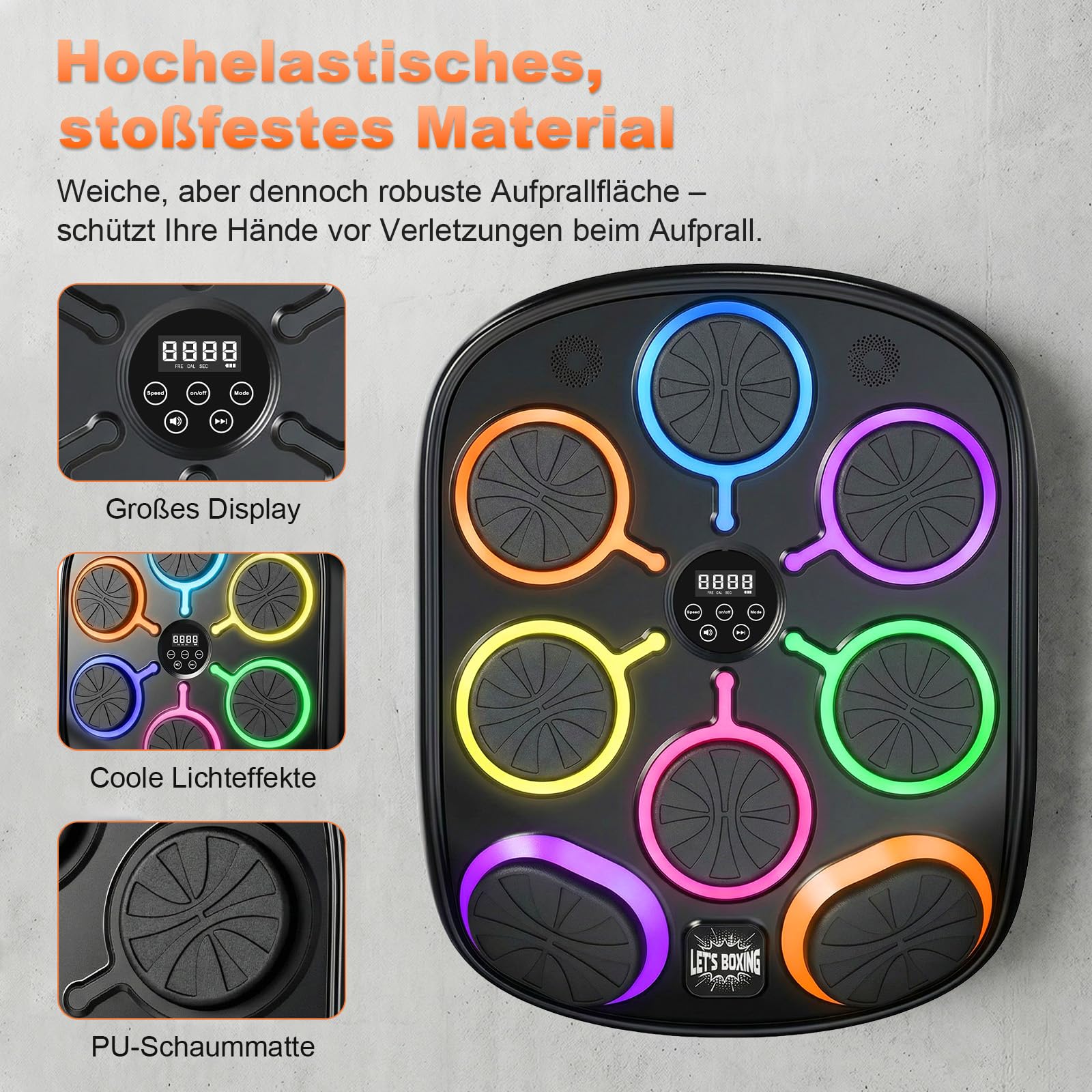 Musikboxmaschine mit Handschuhen, Wandmontage Smart Punching Target mit Bluetooth, 9 Musik-/Lichtmodi, Kalorienzähler, hochschlagfester PU-Schaum für Heim-Fitnesstraining