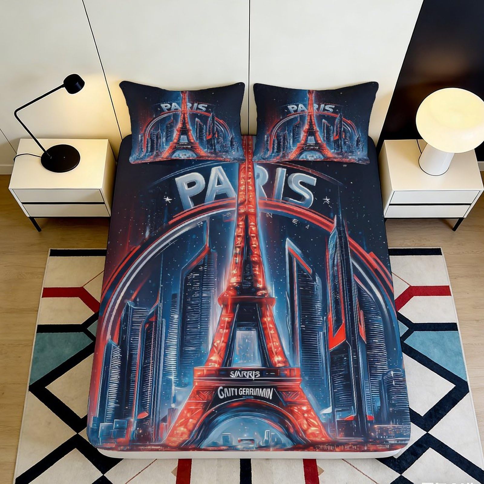 3D Printed Eiffel Tower Cityscape Fitted Sheet Microfiber Bedroom Decor Mattress Cover for Home Guest Room Protection 120x200x25cm
