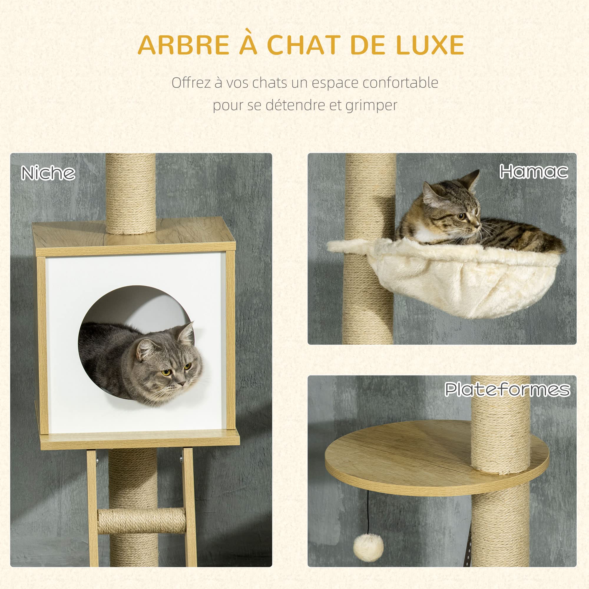 PawHut Lot de 2 Arbres à Chat Sol au Plafond Réglable 225-285 cm Beige