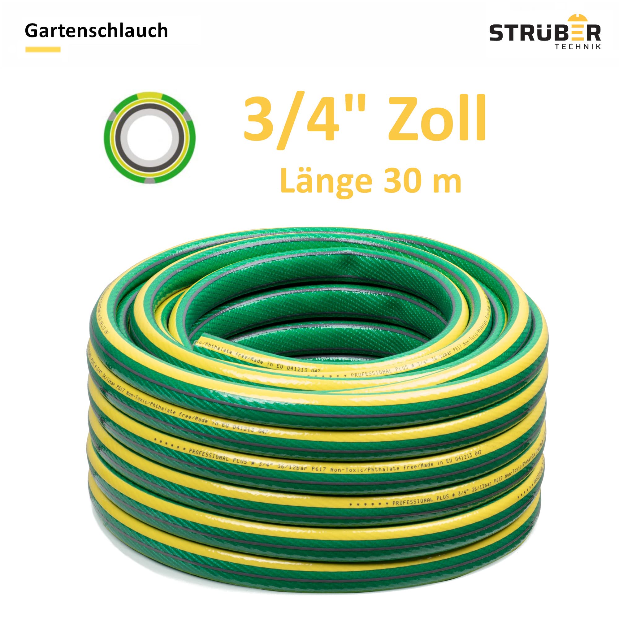 STRÜBER Gartenschlauch 6-lagig ANTI-TWIST, 3/4" Zoll, 30 m Länge | ANTI-TWIST, Bewässerungsschlauch, Kreuzgewebe, UV-beständig, PVC flexibel