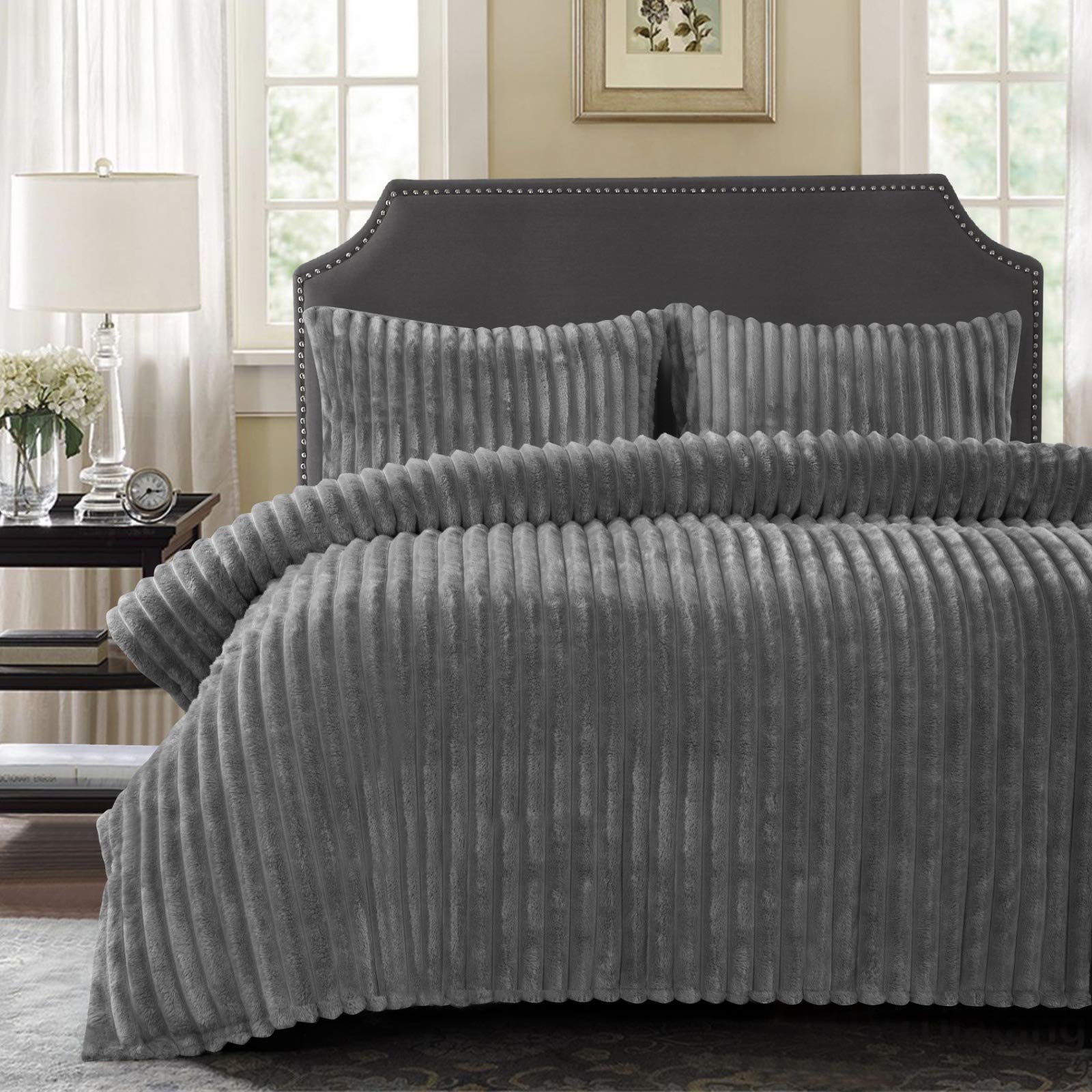 Y Homeware Charcoal Yorkshire Homeware Chunky Rib Duvet Cover Sets Teddy Soft & Cosy Luxury Fleece Easy Care Quilt Bedding Covers Pillowcases (, Single)