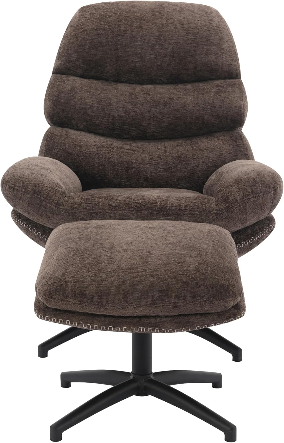 OSP Home Furnishings Kerry Modern Plush Swivel and Rocking Lounge Chair and Foot Rest with Black Base, Brown Fabric