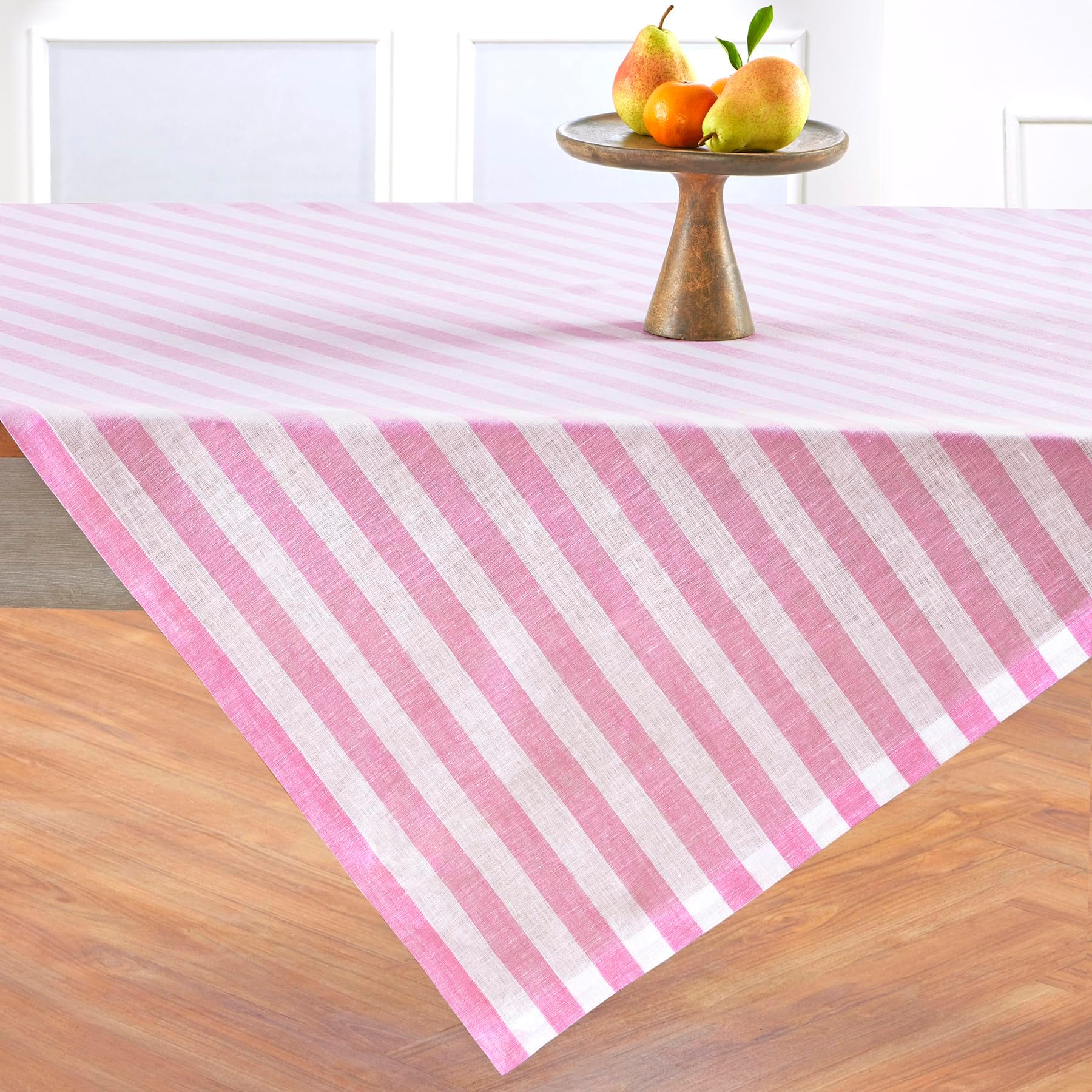 Solino Home Linen Square Tablecloth 52 x 52 Inch - Sorrento Stripe, 100% Pure Linen Chateau Rose and White Table Throw - Machine Washable Tablecloth