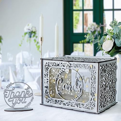 OurWarm Caja de tarjetas de boda plateada con cerradura, caja de tarjeta de regalo de madera para recepción de boda con ventana transparente y luz,