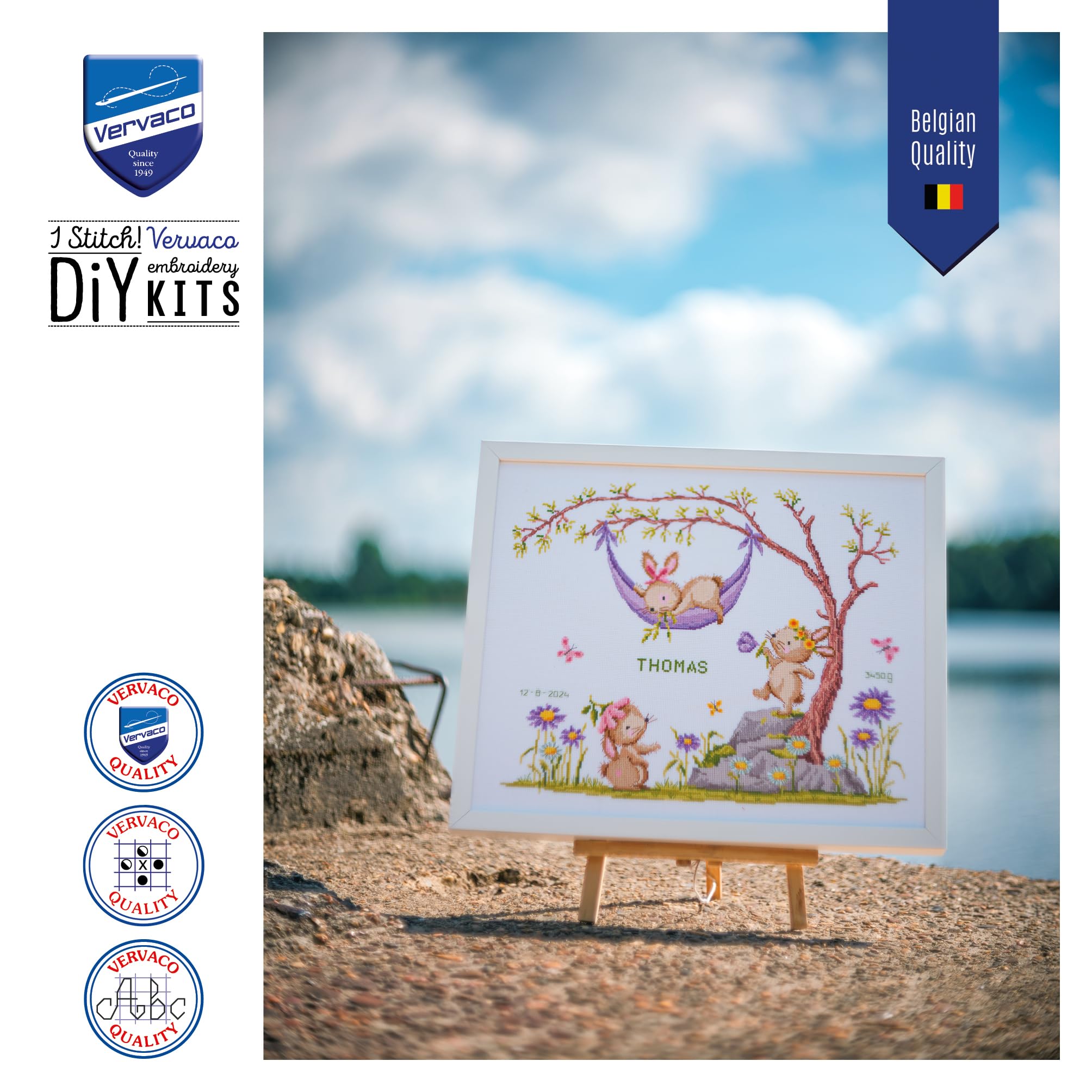 VERVACO Haft Krzyżykowy Liczony Zestaw Metryczka dla Dziecka KRÓLIKI W OGRODZIE Pamiątka Narodzin Zrób to Sam Zestaw Kreatywny dla Dorosłych 45 x 37 cm Dekoracje Ścienne Pokój Dziecka Cross Stitch