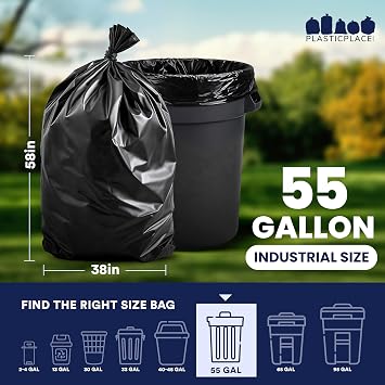 Plasticplace 55-60 Gallon Trash Bags 2.0 Mil Black Heavy Duty Garbage Can Liners 38 x 58 (50 Count)