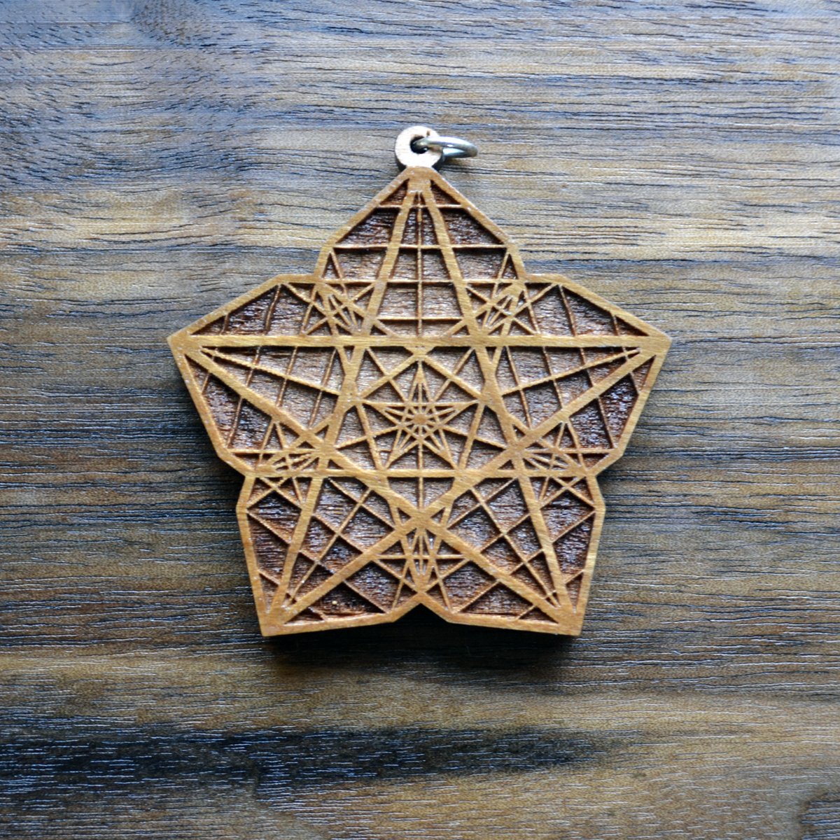 Five Sided Star Flower Pendant - Sacred Geometry Laser Cut Natural Wood LT10030