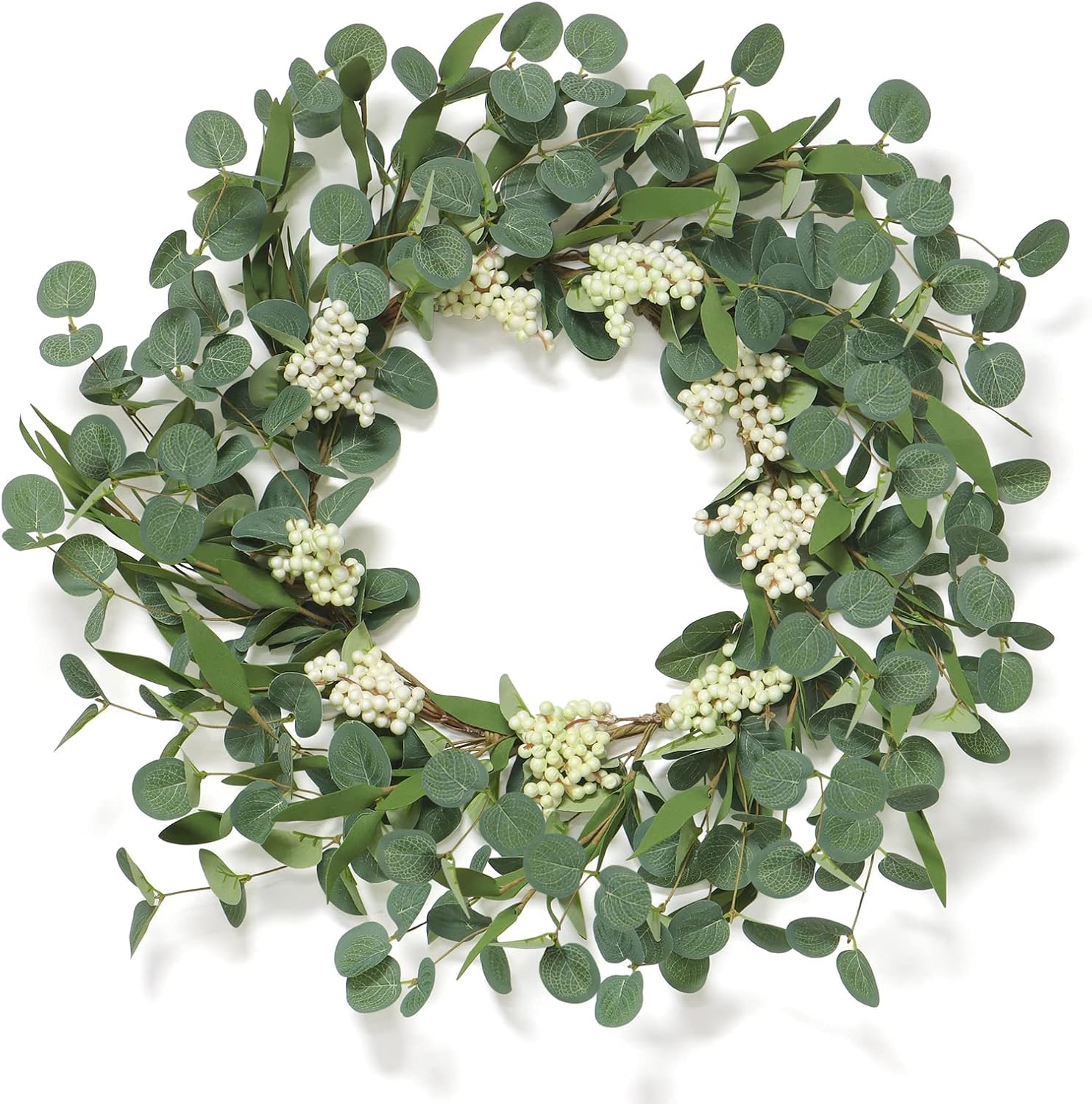 Xbessc Eukalyptus Kranz 35cm - Künstlicher Türkranz Mit Weißen Blüten Für Ganzjährige Deko