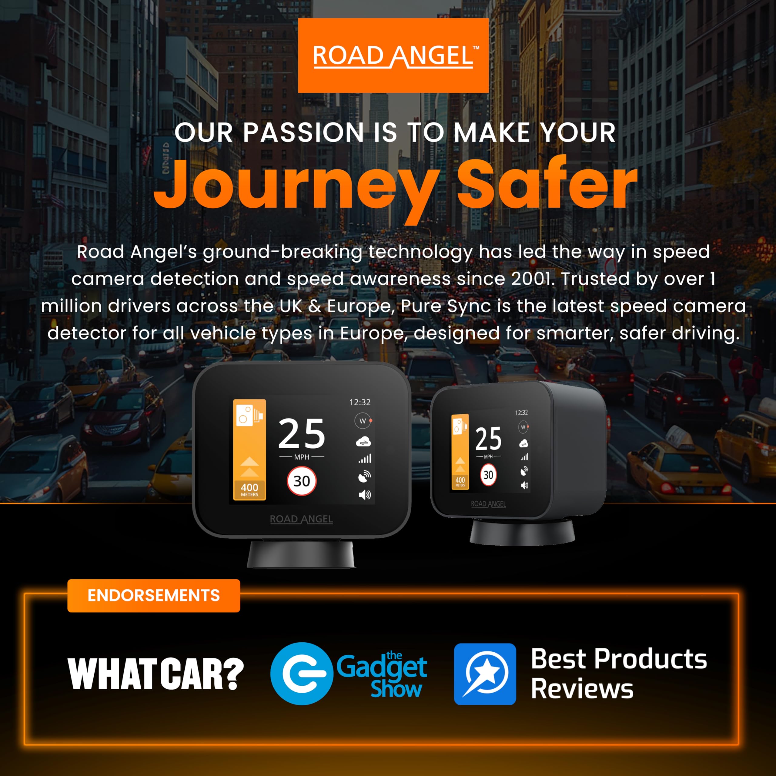 Road Angel Pure Sync Rivelatori di autovelox per auto UK - Rivelatore di autovelox Road Angel - Abbonamento richiesto per l'uso