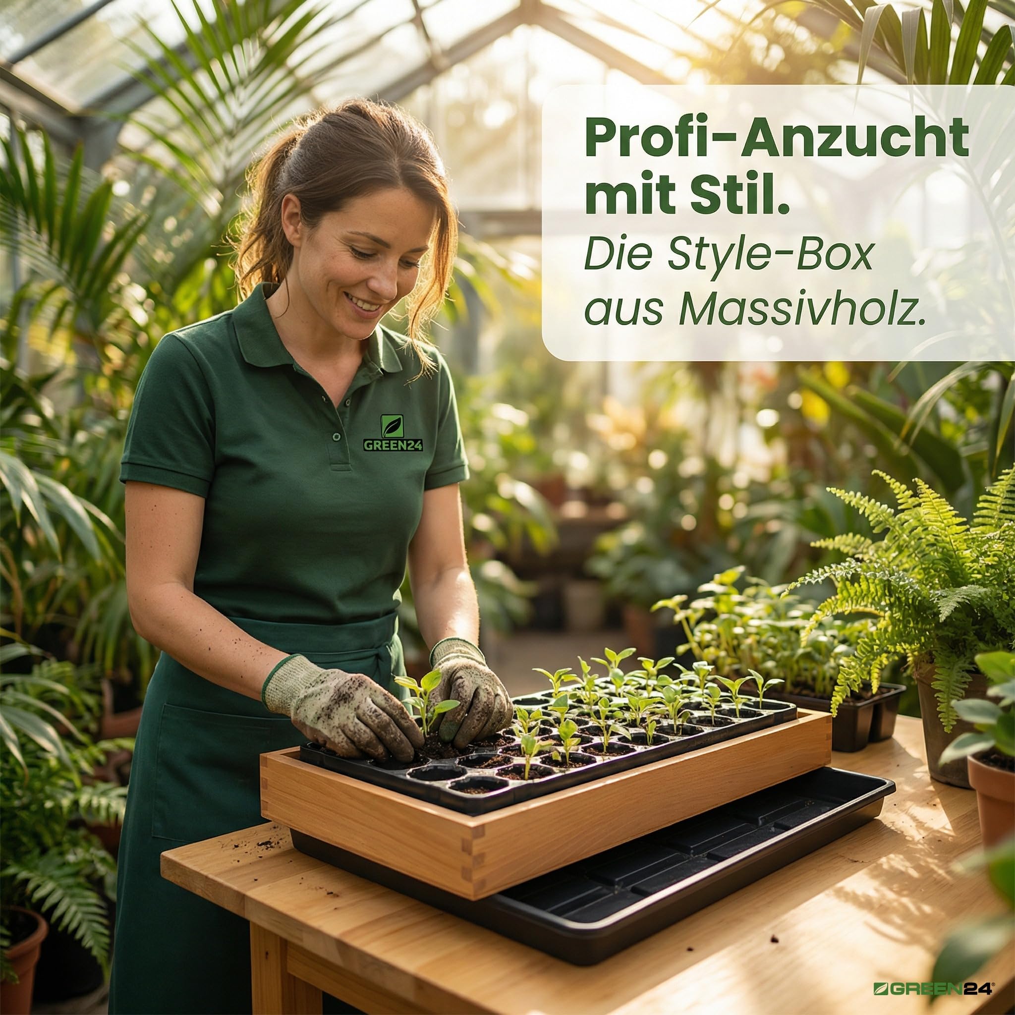 GREEN24 Gewächshaus Style-Box Dunkelbraun GK5331D - Birke Massivholz dunkel gebeizt - Holzkasten für Bewässerungswanne + Topfplatten/Anzuchtsets/Hydroponik Zimmer-Gewächshäuser