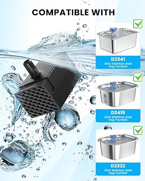 Water Pump Replacement for 11L/3Gallon Stainless Steel Dog Water Fountain,Ultra Quite Water Pump for Dog Water Dispenser for Large Dogs Water Drinking Bowl Fountain for Pet, Easy to Clean,Black