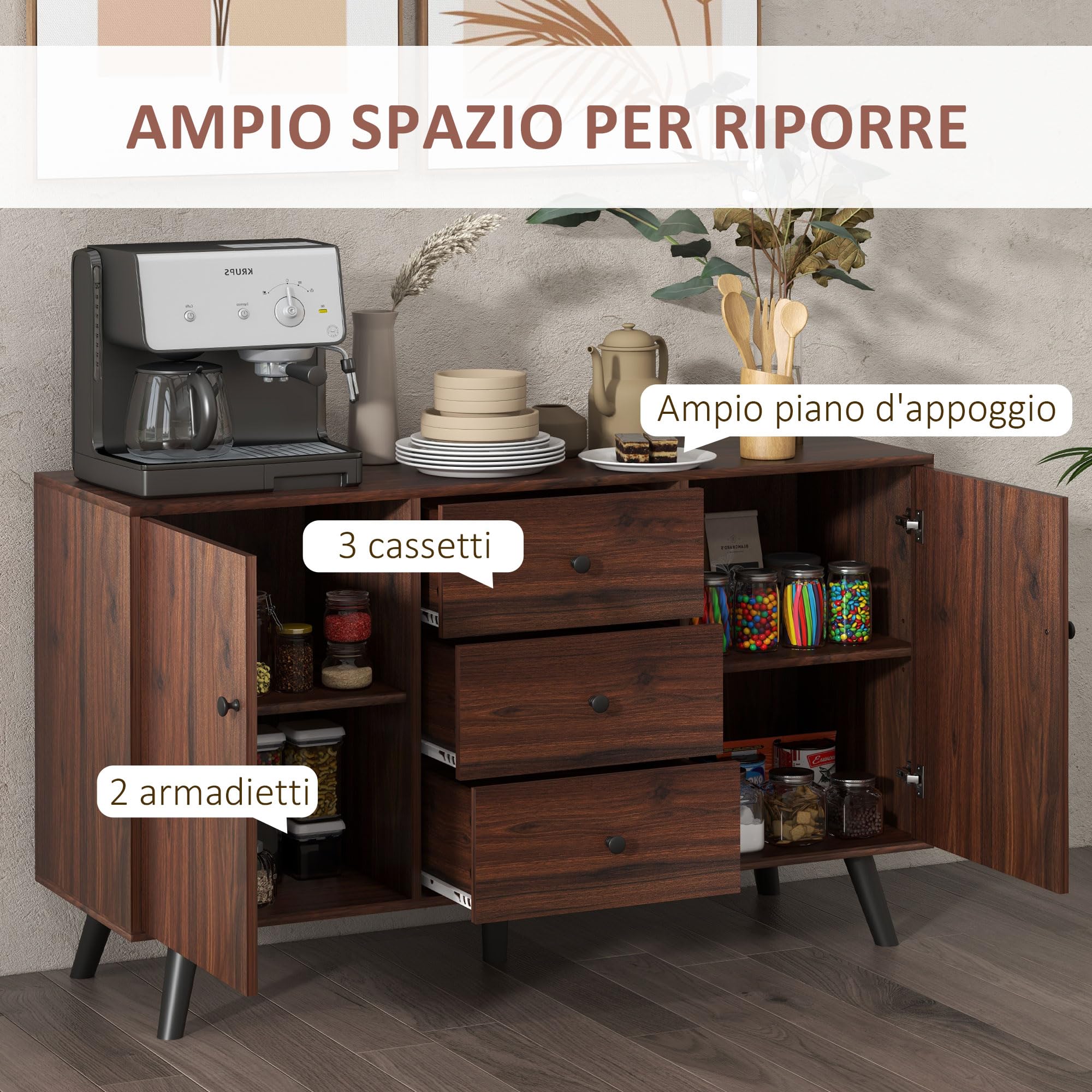 HOMCOM Credenza Moderna con 2 Armadietti e 3 Cassetti, Marrone e Nero | per Soggiorno, Sala da Pranzo e Ingresso in Legno e Truciolato, Mobile Contenitore, 127x40x76 cm