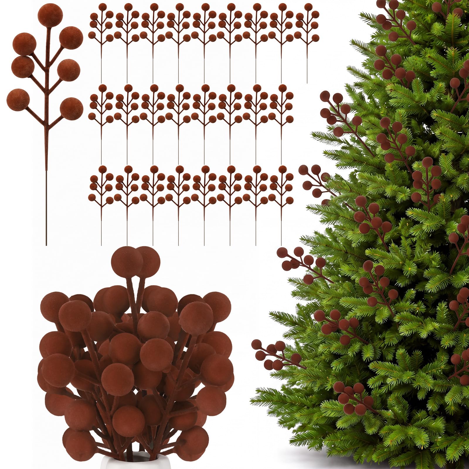 48 Pcs Brown 6.5 Inch Christmas Holly Berry Stems