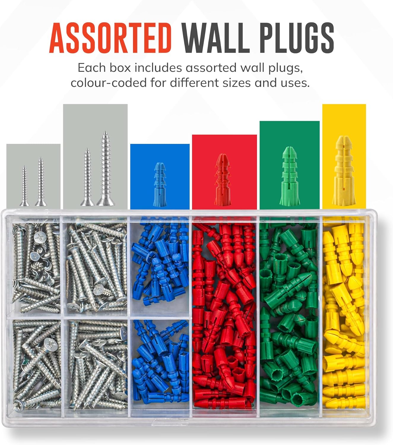 ZAVIA Wall Plugs and Screws 285 Pcs | Assorted 142 Anchors Plugs + 143 Metal Screws (No.6, No.8, No.10) for Plasterboard, Brick, Concrete & Wood | Complete kit with Storage Case
