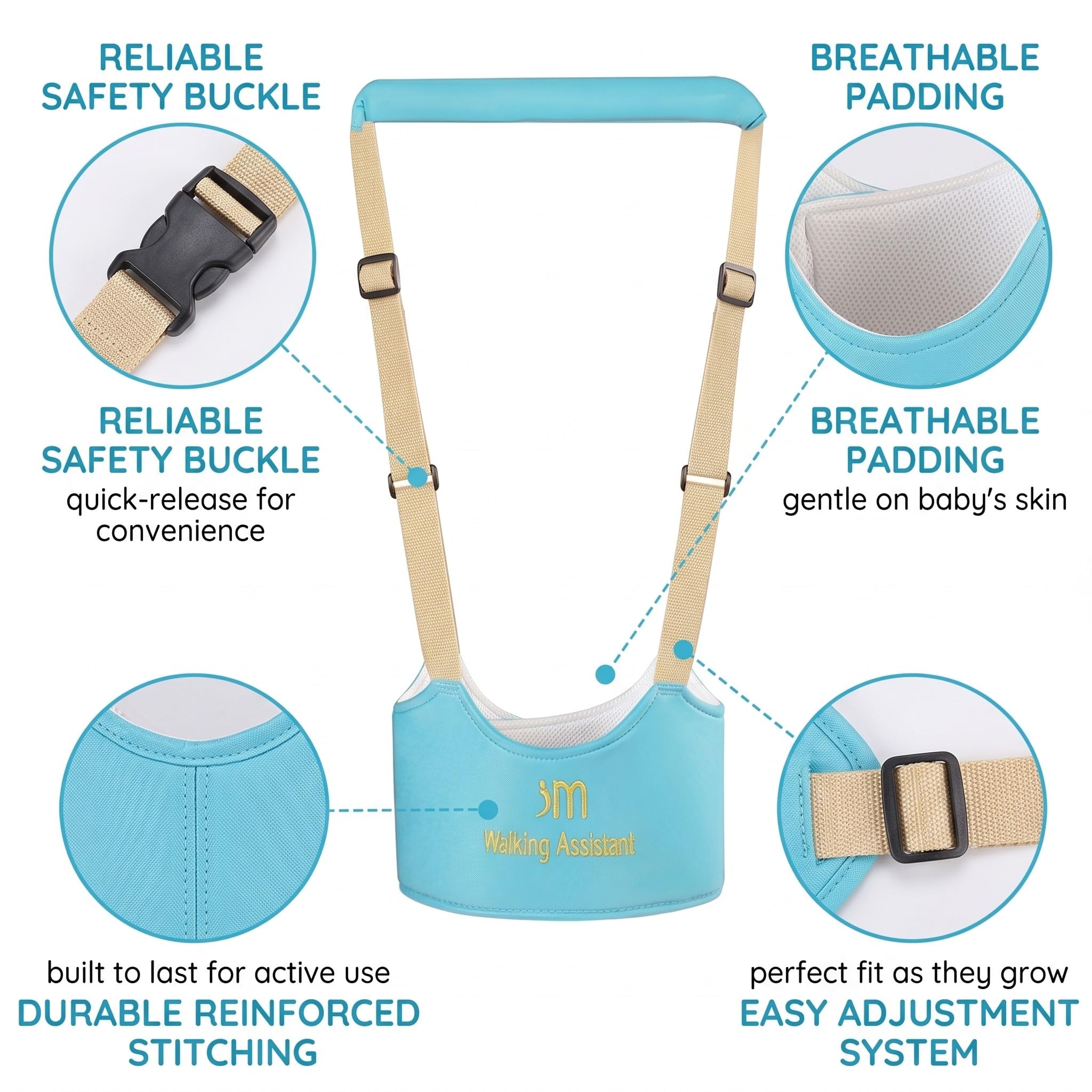 Arnes Bebe para Caminar, Arnés de Seguridad Ajustable y Transpirable para Primeros Pasos, Asistente de Caminata Infantil con Hebilla de Seguridad para Bebés de 7-24 Meses
