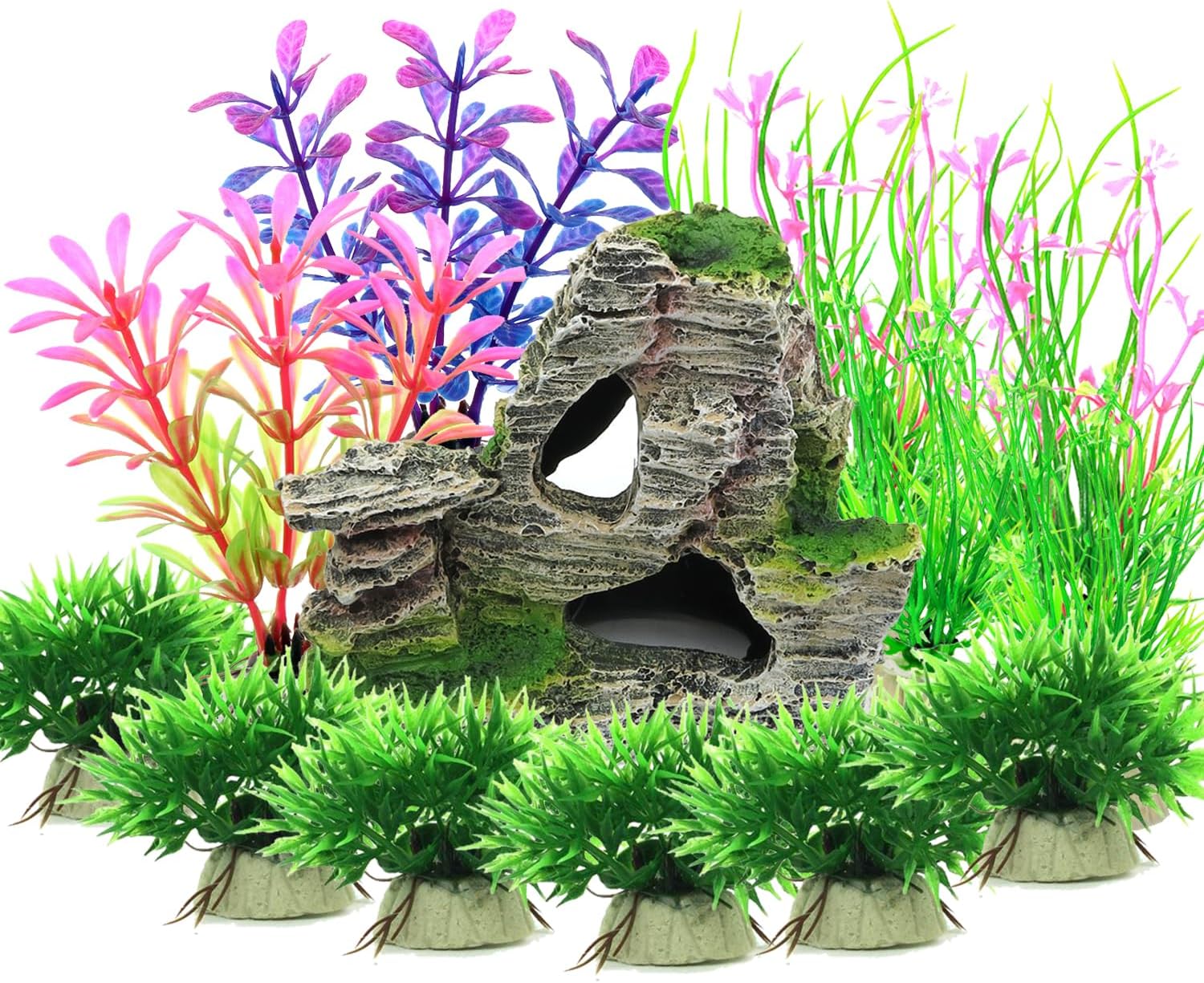 Aquarium Decoration Plants, 13 Pieces Size Plastic Aquarium Plants Decoration and Rock Polyresin Cave Ornament Decoration