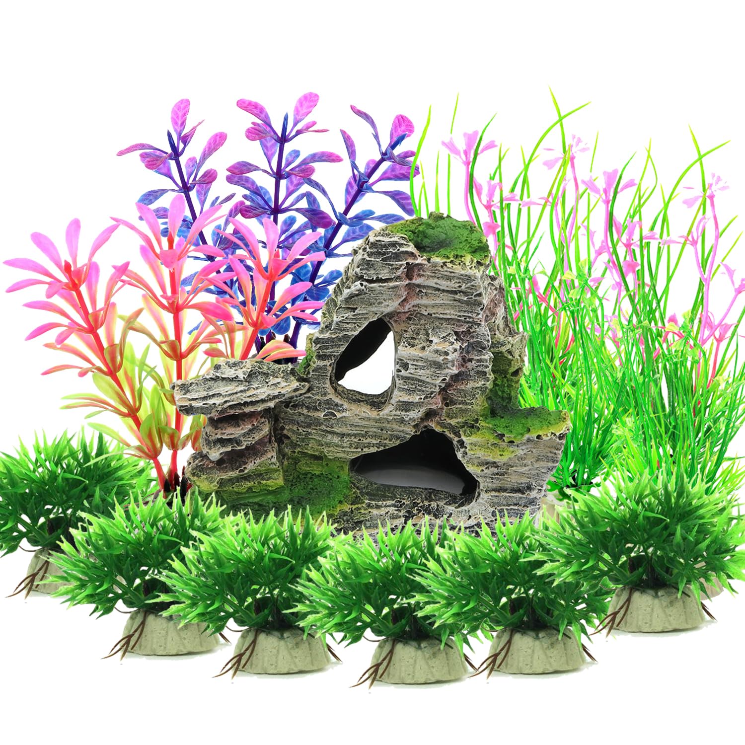 Vibury Aquarium Decoration Plants, 13 Pieces Size Plastic Aquarium Plants Decoration and Rock Polyresin Cave Ornament Decoration
