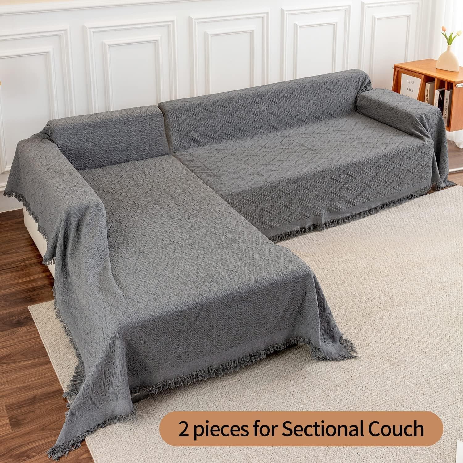 Deep Dream Sectional Covers for 3 Cushion Couch, Sofa Dogs, Geometrical Jacquard Fabric (X-Large, 71 x 118, Dark Grey)