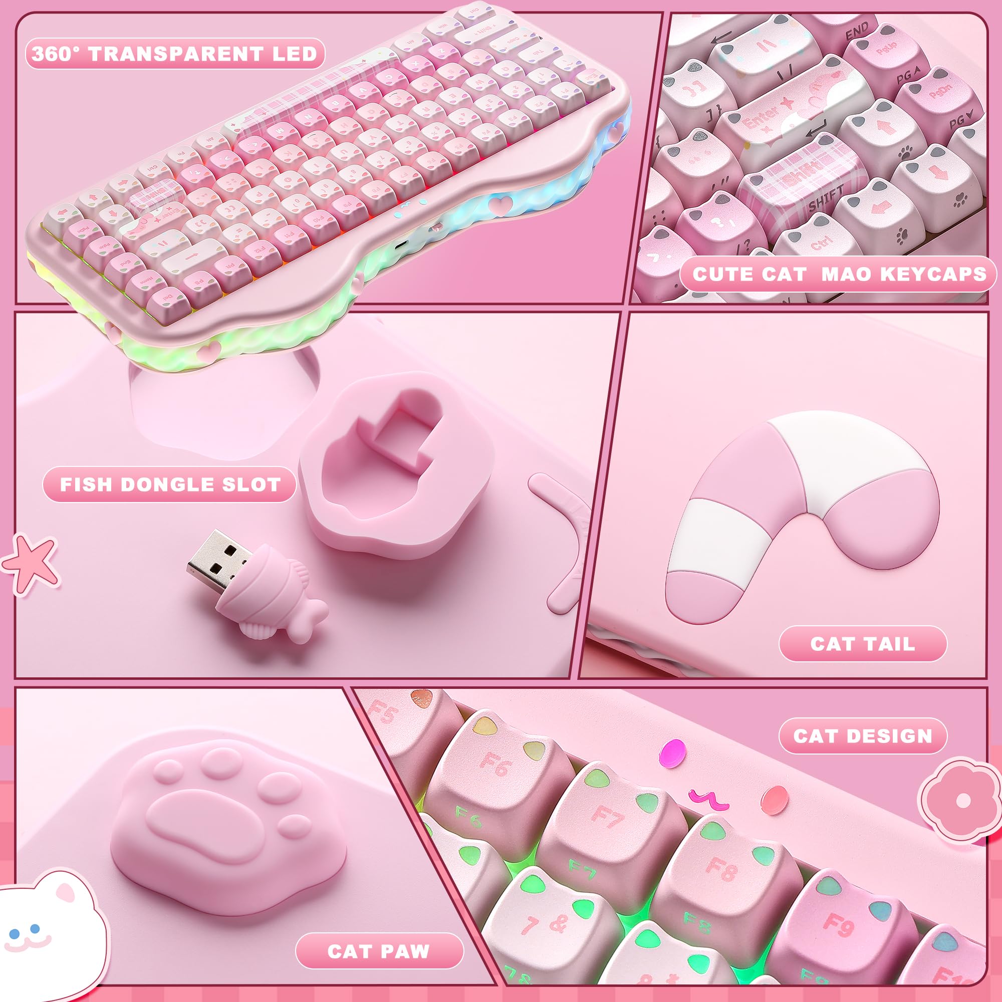 YUNZII C75 Teclado Mecánico Inalámbrico Diseño Pastel (Pink, Candy)