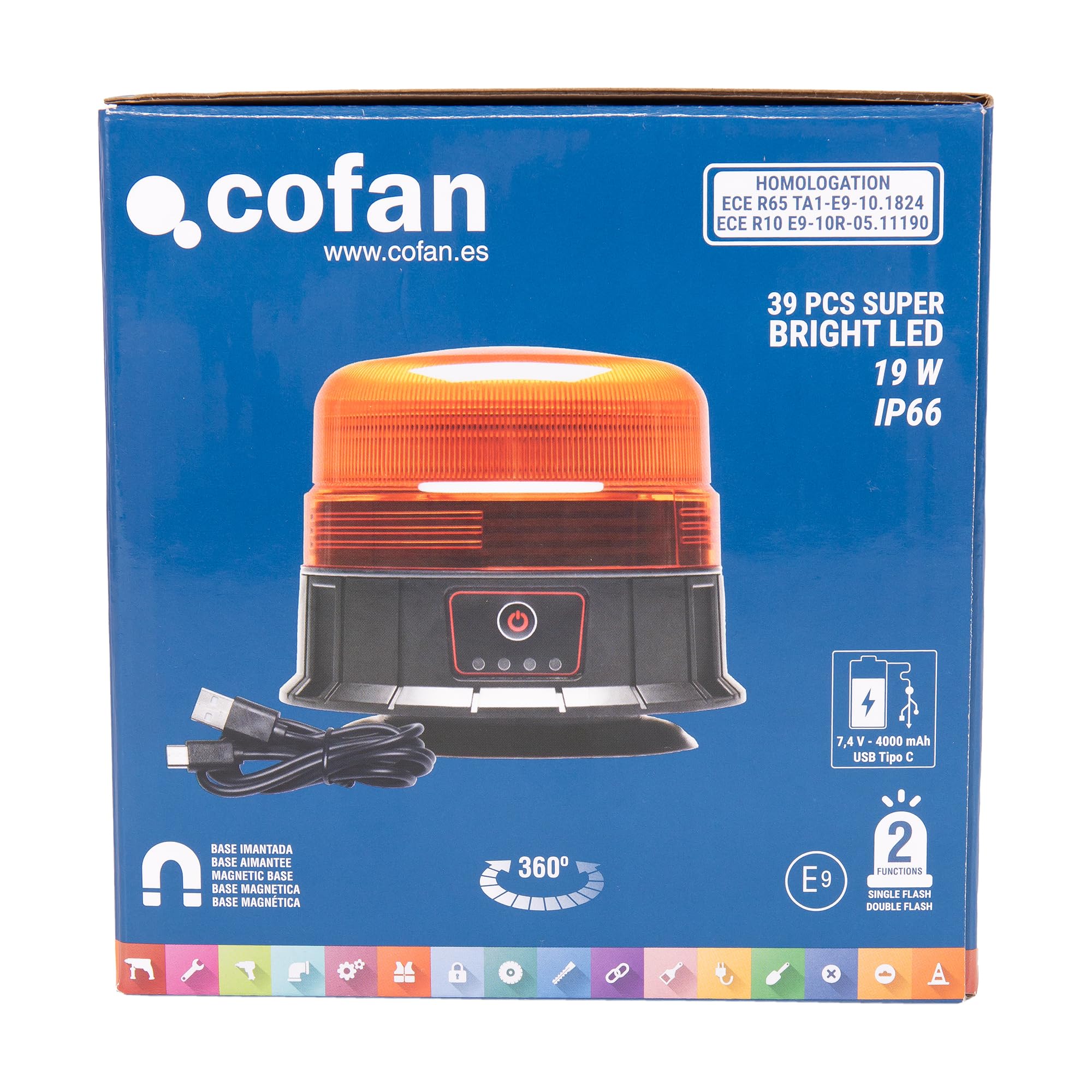 Cofan Luz Giratoria LED Ámbar con 39 SMD | Recargable por USB-C | Imán Fuerte | 7h de Autonomía | IP66 | Para Vehículos Industriales y Agrícolas