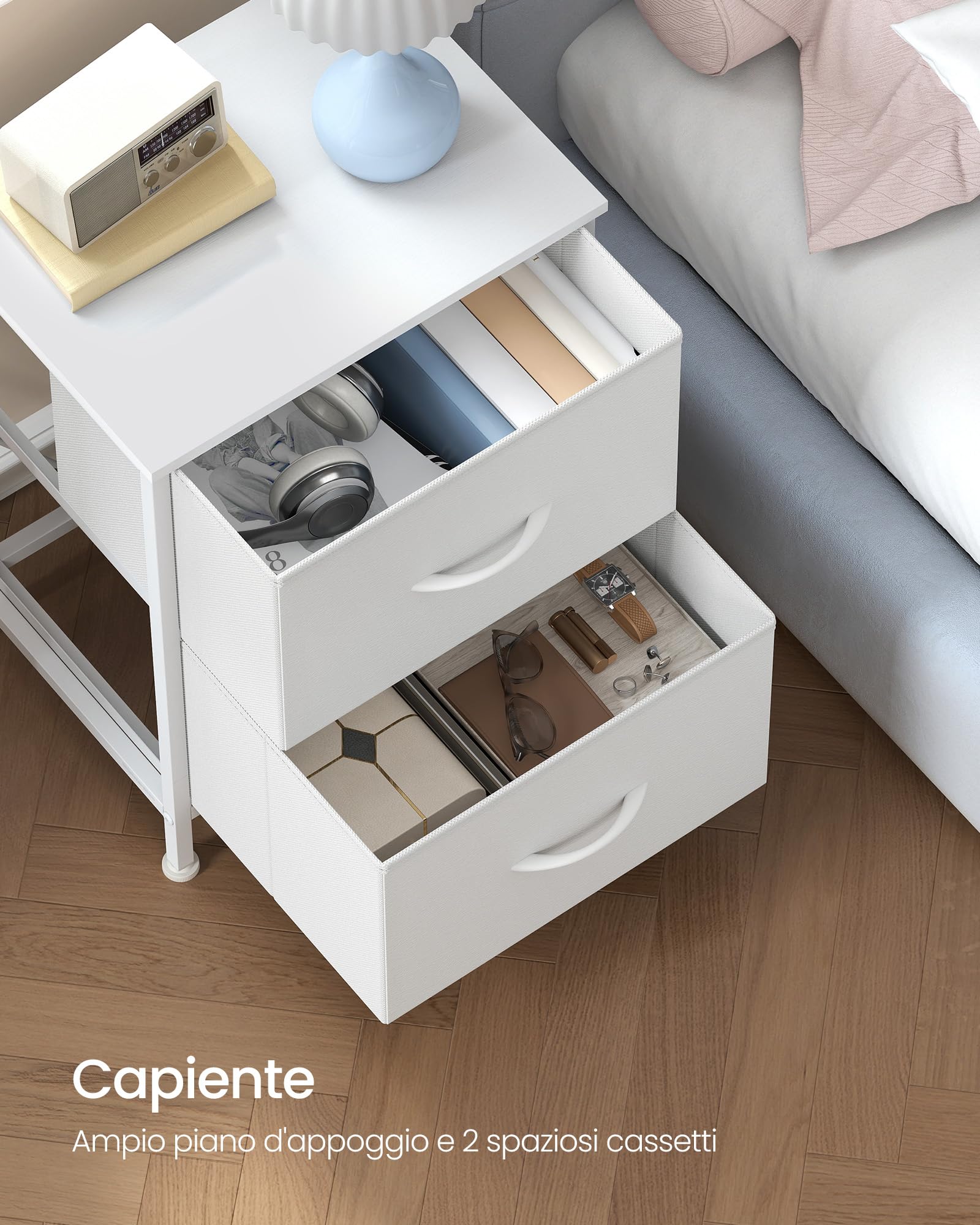 SONGMICS Comodino con 2 Cassetti in Tessuto non Tessuto, Acciaio, MDF, per Camera da Letto, Tavolino, Bianco Nuvola e Bianco Neve LGS312WH01