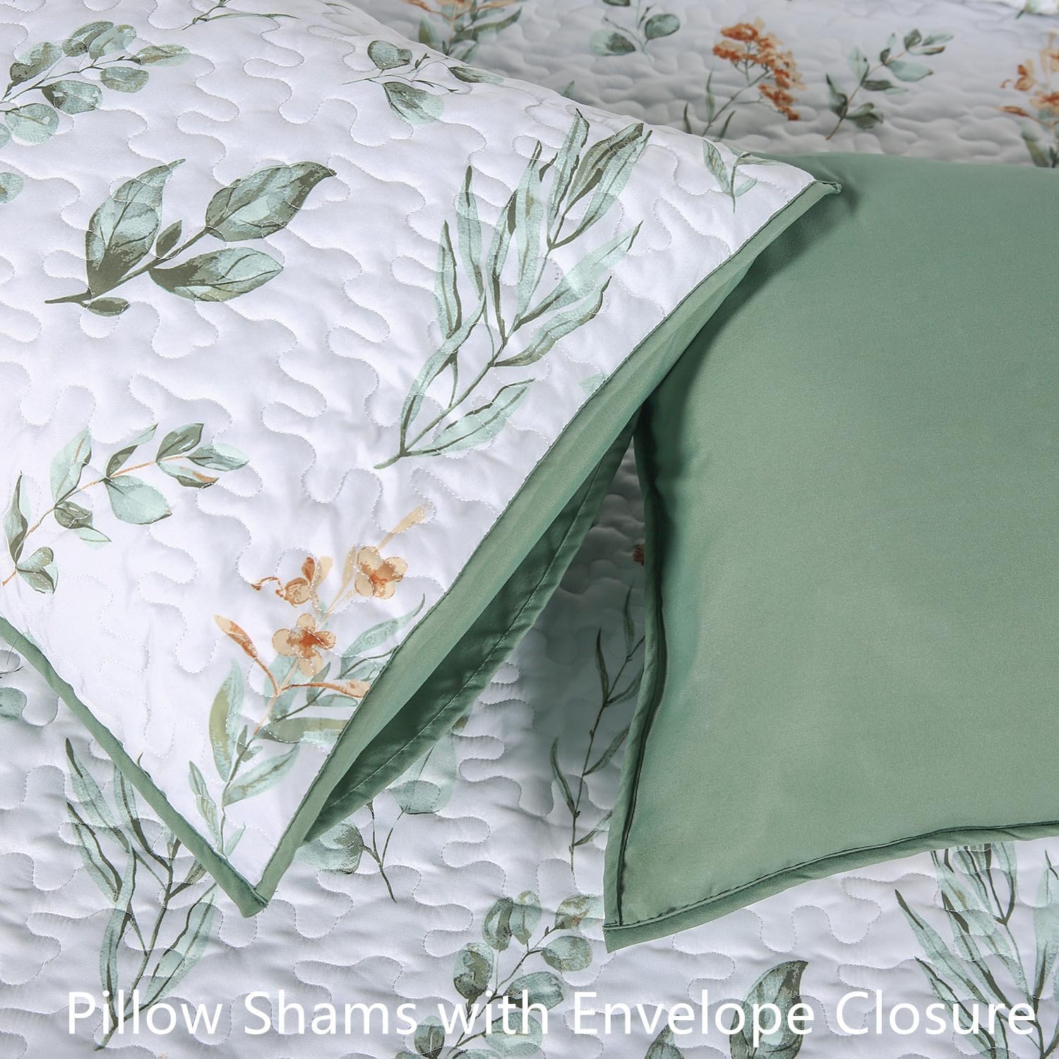 3-Piece Green Floral Quilts King Size, Lightweight Reversible Printed Quilted Bedspreads, Soft Microfiber Coverlet Quilt Bedding Set with 2 Pillow Shams for All Seasons