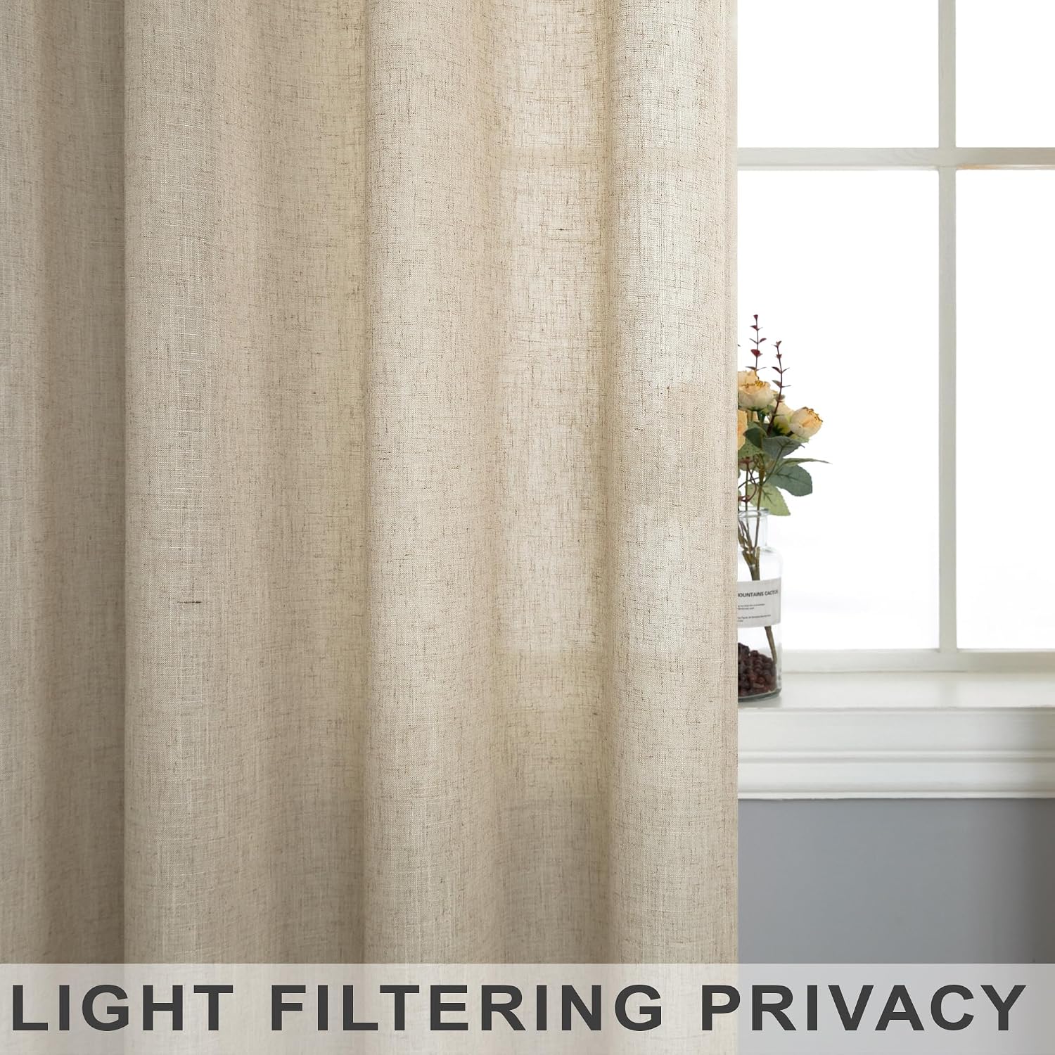 Mrs.Naturall Oatmeal Living Room Curtains 52x96 Inches Long Sheer Linen Curtains 2 Panel Set