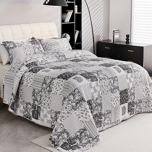 Miniatura 5 de EVENHUG Juego de edredón 100% algodón tamaño individual, colcha reversible floral con fundas de almohada, para todas las estaciones, 2 piezas